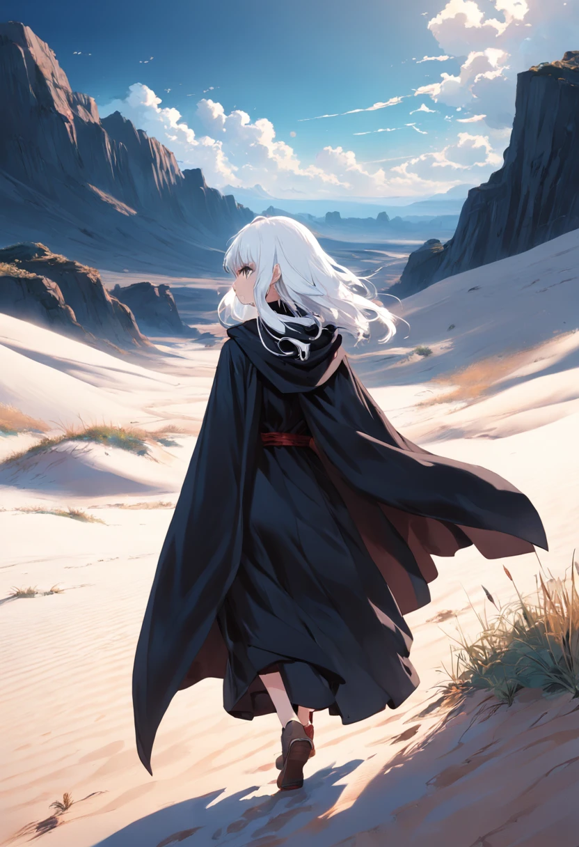 White-haired girl in black cape walking in white desert