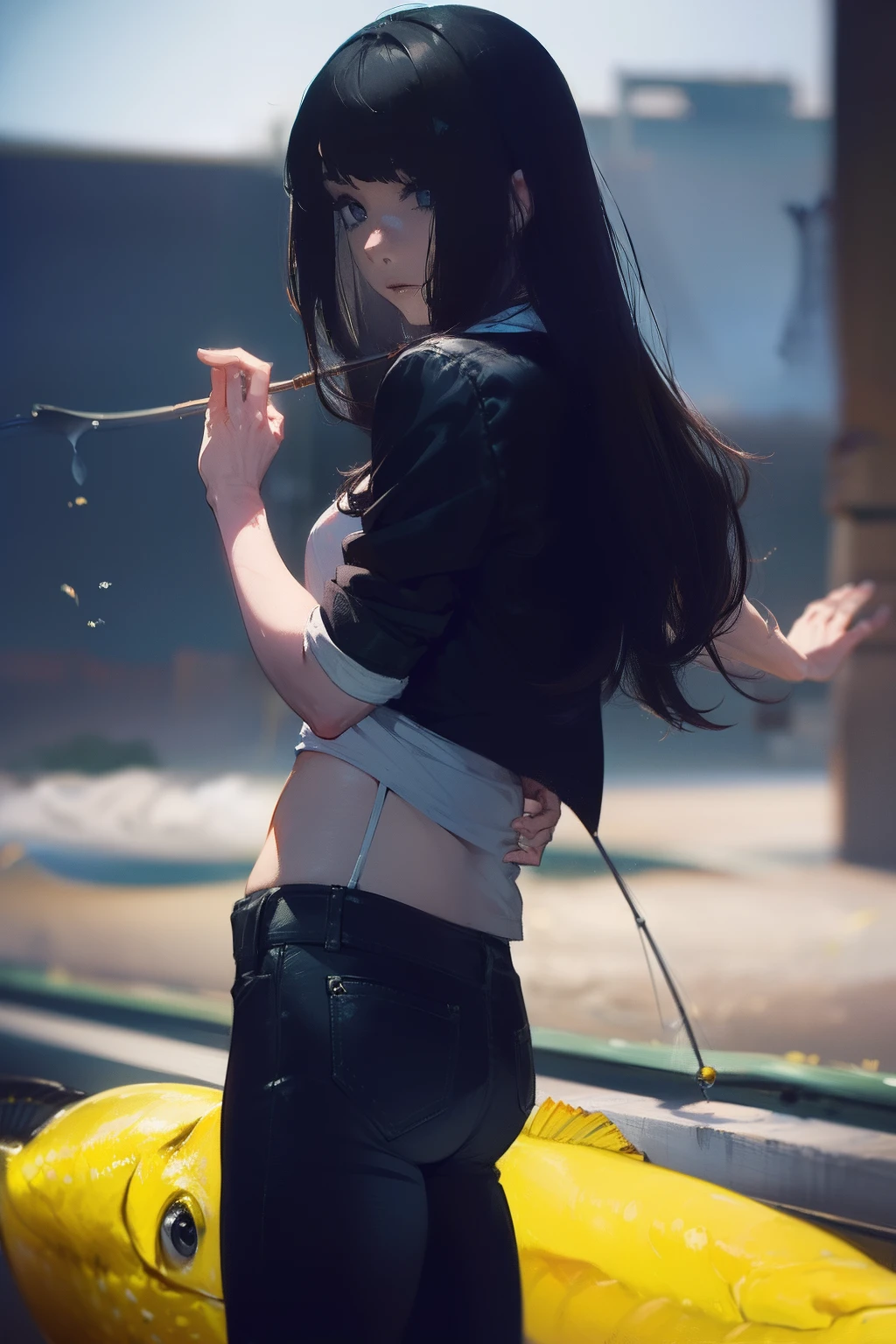 ((((catching a big fish by the lakeside:1.5)))),((Female 28 years old)),((Best Quality:1.5)),(((Hands with the correct number and structure of fingers:1.4))),((Big fish:1.37)),hight resolution,ultra-detailliert,masterpiece,best qualtiy,(Eight-headed body),Black hair, long eyes-lashes, Solid Circle Eyes, drop shadow, Atmospheric perspective,Super Detail, ccurate, small brest,(Black jacket and black jeans :1.1),top-quality, blurry backround, bokeh dof:1.2, (masterpiece:1.3), Atmospheric perspective,Super Detail,dynamic compositions,