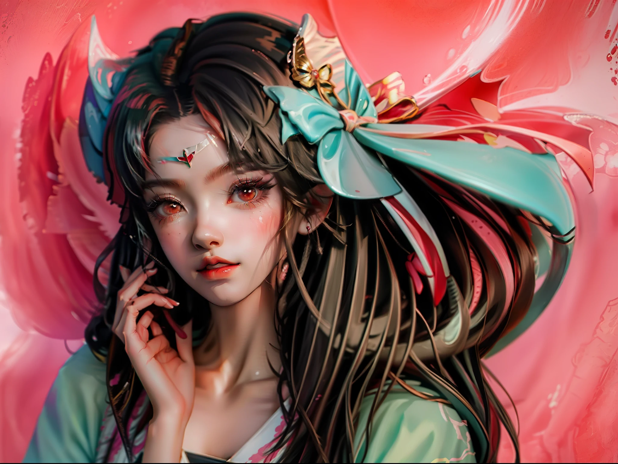 Anime girl with long black hair and red bow, Anime style portrait, anime art style, Anime girl, An anime girl, Cute anime girl, Kawaii realistic portrait, High Quality Anime Art Style, anime moe art style, realistic anime artstyle, portrait anime girl, Digital anime illustration, pretty anime girl, (Anime girl), Portrait of an anime girl