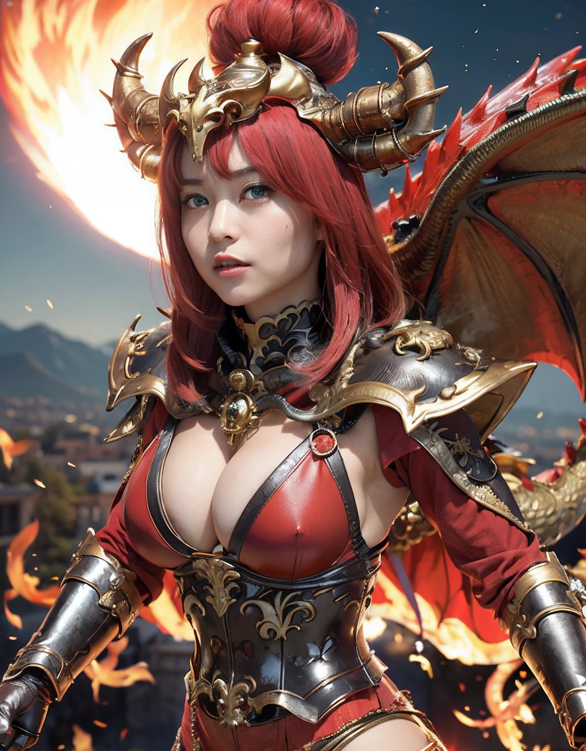 Professional , ​masterpiece、top-quality、photos realistic , depth of fields 、（Dragon Red Metal Body:1.９),(Enamel Red、（cleavage of the breast）、Dragon Gold Weapon、（Red Micro Bikini Armor:1.４),Gorgeous gold weapons ,（（ Dragon's dense and gorgeous sword）） , （demonic wings）、（（a blond））、（Castle background）、（（Gangle's forest background））、（（Fight dragons））、Beautiful Caucasian beauty、１a person、dynamic ungle,(((Detailed and ornate dragon helmet)))、Smaller head、A smile、Castle background、Thin and beautiful female hands、cleavage of the breast、Soldier in iron armor on background、Mystical expression、Light Effects、intense fighting、Wind-effect、magic circles、With the legendary magic wand、Dragon's tail、explosions、Anatomically correct body、