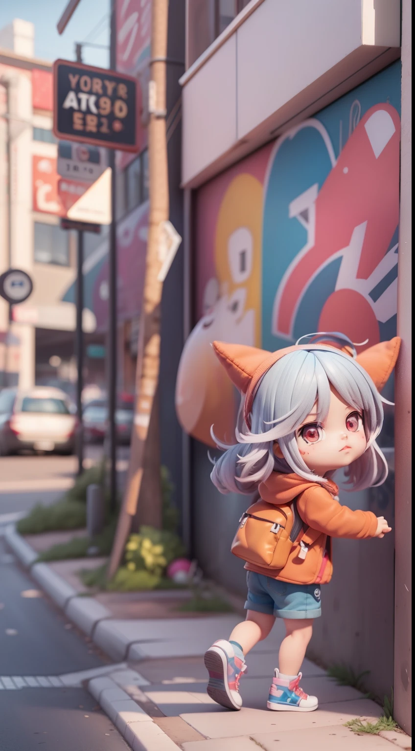 There is a poster,It features a cartoon character wearing a hat and a backpack,sportswoman,Walk by the graffiti wall,There is a skateboard in the hand to hold,Animation-style rendering,cute 3 d render,Small characters。Unreal Engine5,Stylized anime,Cute and detailed digital art,Atey Ghailan 8 K,Stylized 3D rendering,Motion surreal rendering,Anime style 3D,Stylized 3D rendering