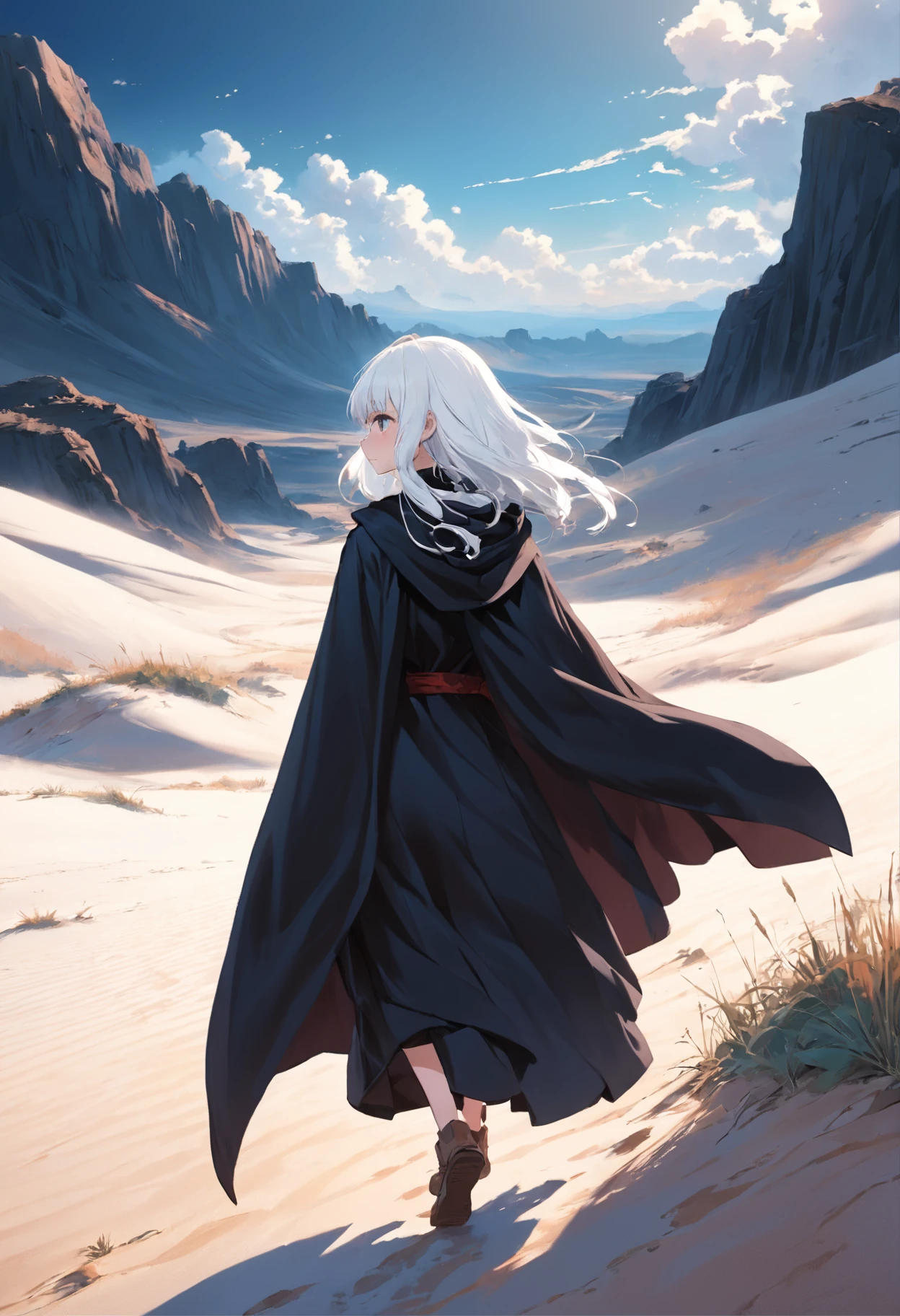 White-haired girl in black cape walking in white desert