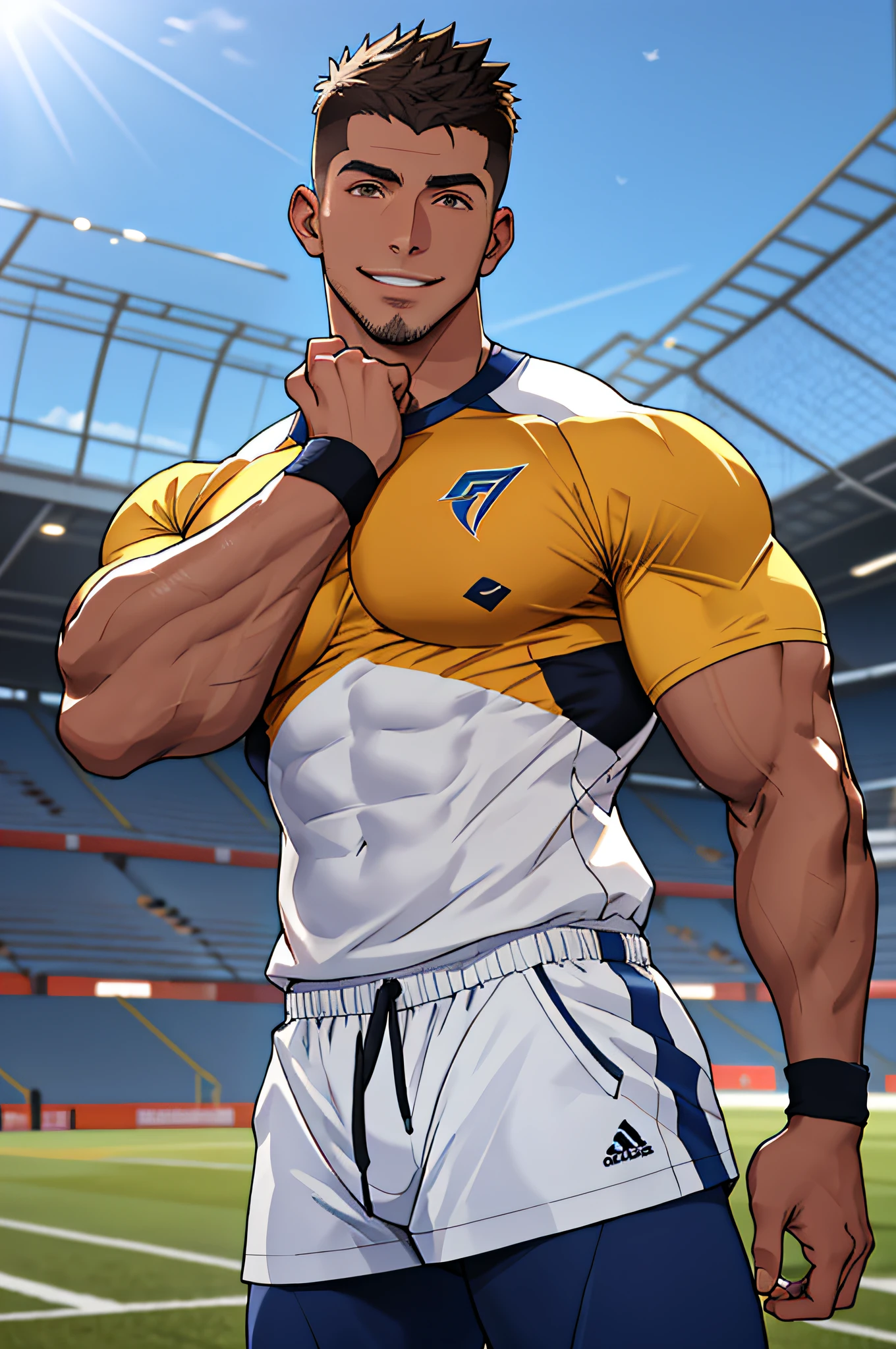 Draw a full-fledged athlete,Stand on the central field of the gym,He wears high-end sportswear,The man looks confident and determined,rays of sunshine,cheerful big breasts,Handsome,Crew cut,full bodyesbian,shooting from below,