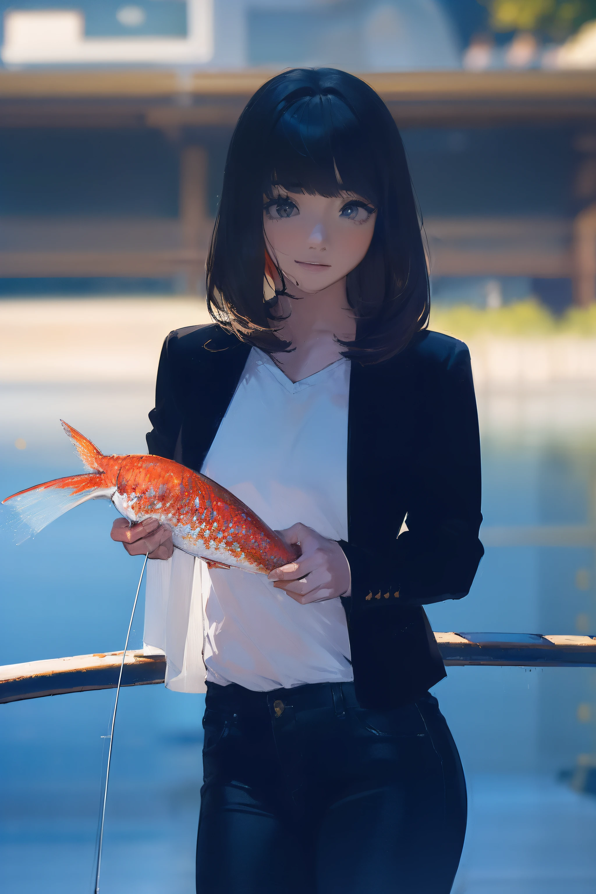((((catching a big fish by the lakeside:1.5)))),((Female 28 years old)),((Best Quality:1.5)),(((Hands with the correct number and structure of fingers:1.4))),((Big fish:1.37)),hight resolution,ultra-detailliert,masterpiece,best qualtiy,(Eight-headed body),Black hair, long eyes-lashes, Solid Circle Eyes, drop shadow, Atmospheric perspective,Super Detail, ccurate, small brest,(Black jacket and black jeans :1.1),top-quality, blurry backround, bokeh dof:1.2, (masterpiece:1.3), Atmospheric perspective,Super Detail,dynamic compositions,