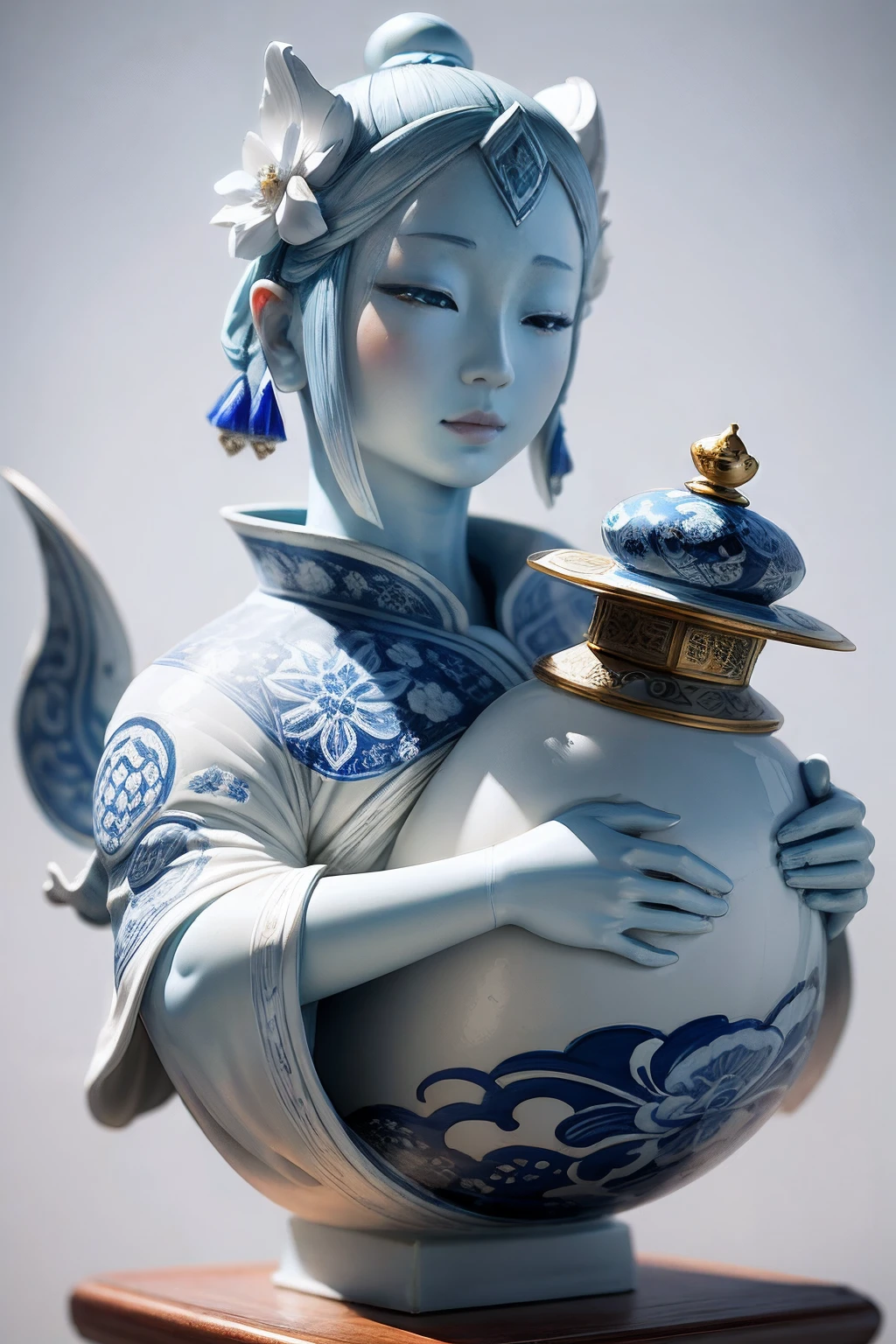 Blue and white porcelain statue, ancient china art style,Dunhuang character modeling,Delicate pattern,Oriental elements,Ink painting style, Clean colors, White background, Soft lighting, ( Bokeh),Masterpiece, Super detailed, Epic composition, Highest quality, 4K,
