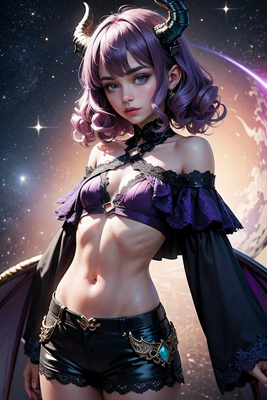1 girl with mauve purple hair, featuring darker highlights and beautiful curls. She has dragon horns, turquoise eyes. She is adorned in an intricate galaxy outfit, showcasing a dark purple ensemble with an dark purple off-shoulder top, lace, shorts, flat chest, dragon scales, dragon wings