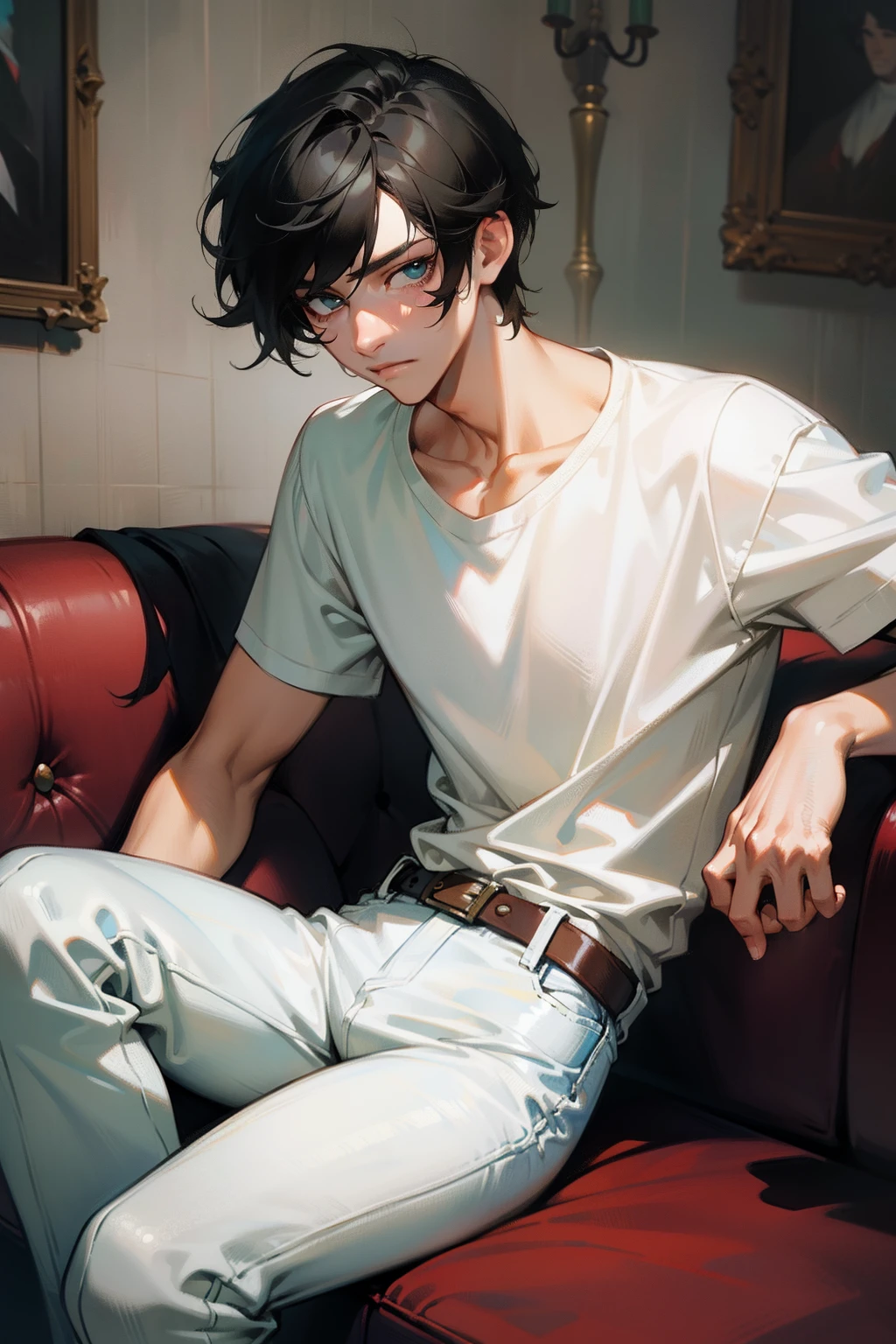 tmasterpiece,Need,Boys are needed,Extremely handsome,Need,White T-shirt，denim pant,super-fine,Need,Need,with short black hair,damp hair，short detailed hair,A high resolution,Need,Libido boy,Need,illustratio, looking at viewert, peacful，Frigidity，sofe，Sit on the sofa，canvas, oil painted, Realistic, Realist,Real,