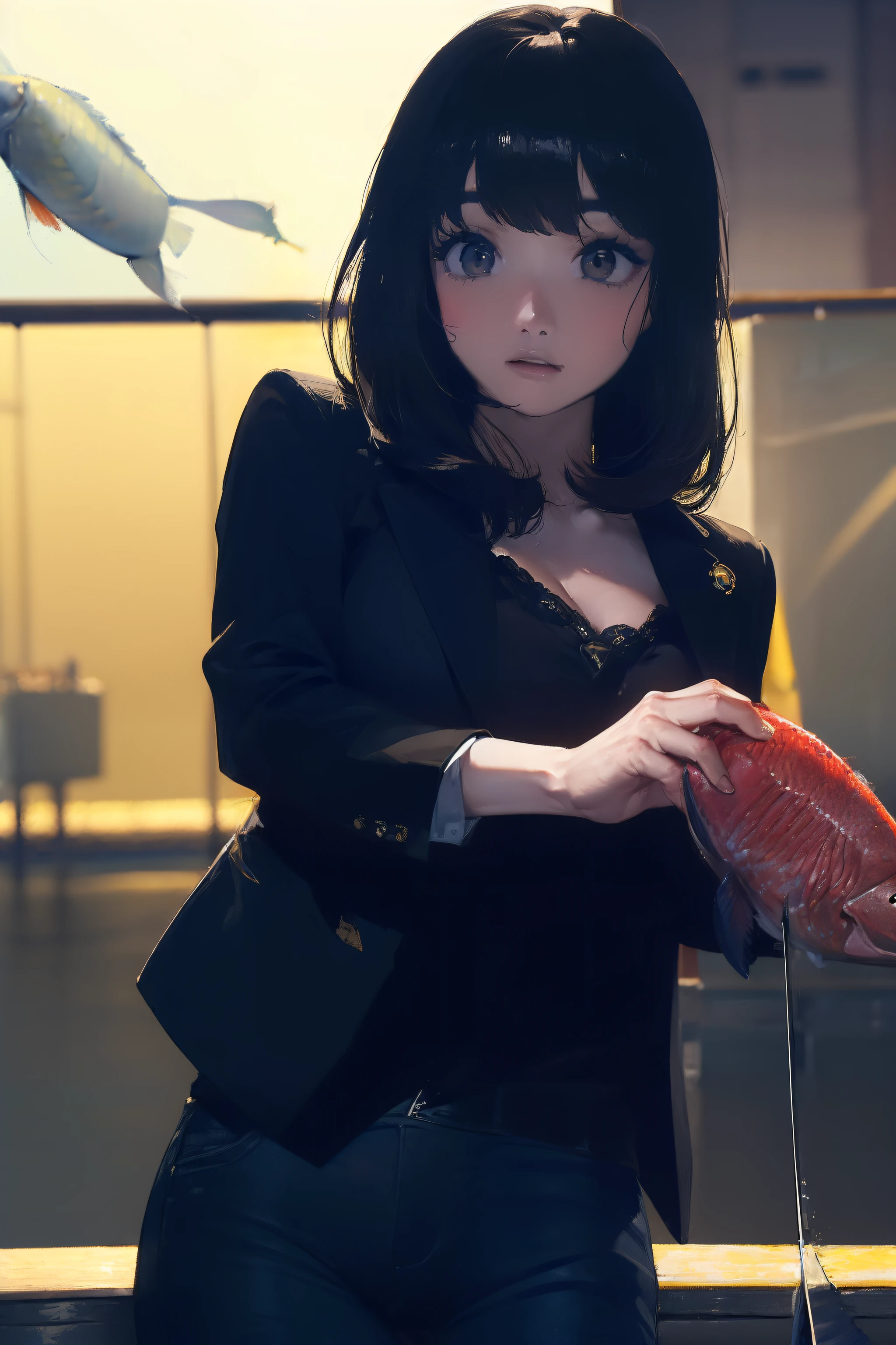 ((((catching a big fish by the lakeside:1.5)))),((Female 28 years old)),((Best Quality:1.5)),(((Hands with the correct number and structure of fingers:1.4))),((Big fish:1.37)),hight resolution,ultra-detailliert,masterpiece,best qualtiy,(Eight-headed body),Black hair, long eyes-lashes, Solid Circle Eyes, drop shadow, Atmospheric perspective,Super Detail, ccurate, small brest,(Black jacket and black jeans :1.1),top-quality, blurry backround, bokeh dof:1.2, (masterpiece:1.3), Atmospheric perspective,Super Detail,dynamic compositions,