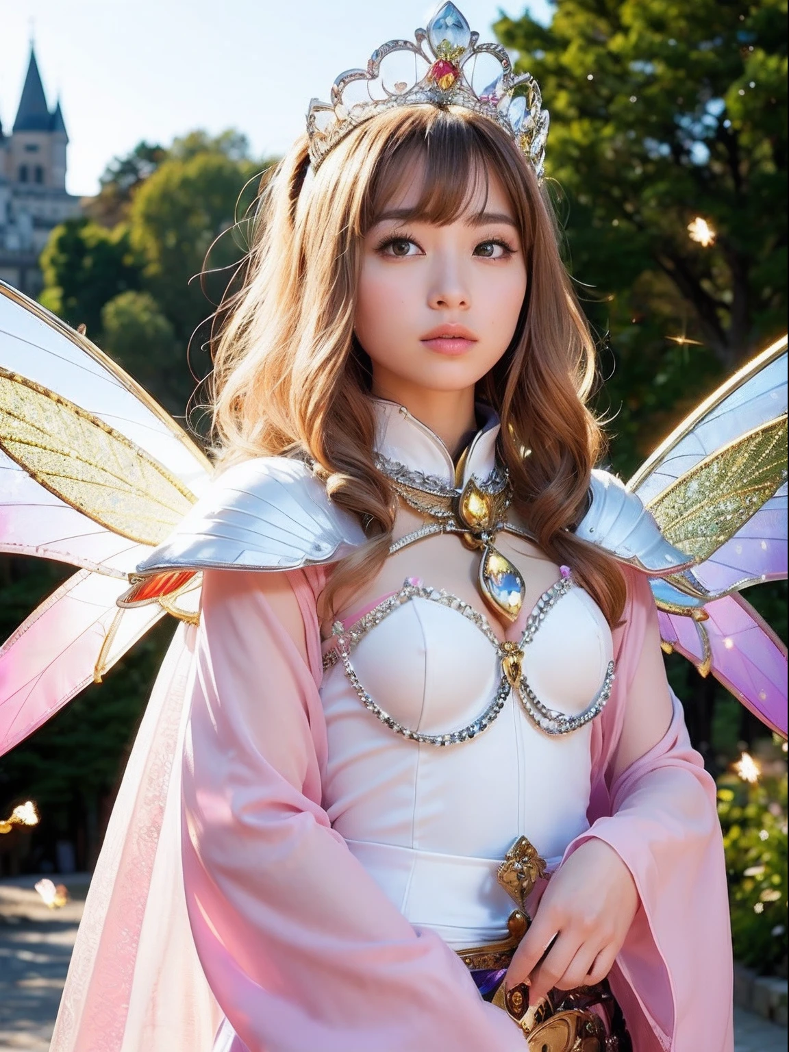 Professional , ​masterpiece、top-quality、photos realistic , depth of fields （Gemstone Silver Metal Body:1.９),(Matte White Pink、Jewel Gold Weapon、（Gorgeous castle background）、（ultimate beauty girl）、（Rainbow fairy wings grow）、Particles of light、（Metal body of iridescent gemstones:1.９),Gorgeous Jewel Metal Weapons , Detailed Sword of the Brave ,（ a blond）    , adepta sororitas,Detail and ornate jewel crown、独奏、Brown hair、Mystical expression、（Gangle's forest background）、Beautiful Caucasian beauty、１a person、dynamic ungle,(((Diamond tiara with detail and luxury)))、a small face、Beautiful poses、（Gorgeous castle background）、huge filesize、Beautiful girl at 16 years old、Stand in the center of the screen、Thin female fingers、Straight long hair、Beautiful Caucasian beauty、（maikurobikini）、Hair fluttering in the wind、face forwards、Look at viewers、（Armpit）、Armpit、
