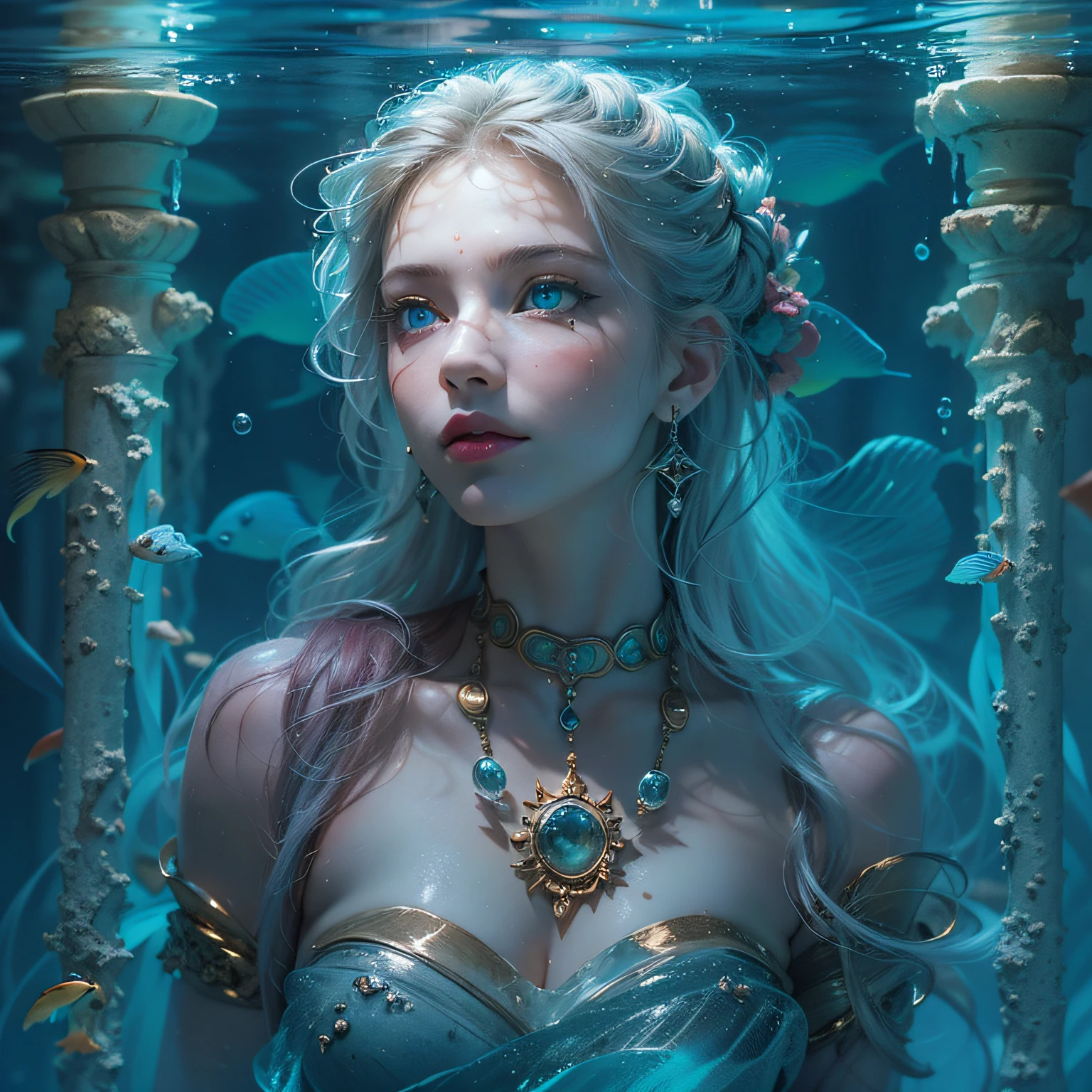 (Numerous award-winning masterpieces of, With incredible details, textures and maximum detail), (Ultra photo realsisim:1.4), (Realistic:1.3), (best quality real texture skin), (((In water))), (((abyssal))), (continental shelf), (shallow water), (Fine true circle Symmetrical eyes), finerly detailed face, ((medieval world)), (full-body portraits:1.5), (Full body view:1.5), (Burning bright and cold eyes), (She has a mischievous smile on her face), (Eyes that glow blue in the dark:1.5), (A pair of ice blue eyes,A strong blue light emits from the inside:1.5), (full-body standing image:1.5), (Bio-luminescence:1.5), (Whirlpool water and tidal currents in the background), (Dramaticlight), (A majestic sight), (Her countenance is gentle and beautiful), Glass earrings on the ears, (Dramatic photo:1.4), ((dramatic pose)), (flamboyant photo), (Golden hair), (Silver hair), (Maroon hair), ((head looking up)), ((Looking down)), (Around her neck is a simple necklace of exquisite workmanship), (Bio-luminescence,Brilliant light:1.3), (Use gorgeous icy magic:1.2), (Beautiful fish around), A temple submerged in a coral reef, The ancient submerged city, underwater temple, Underwater Grand Cathedral, Underwater temple ruins, Underwater independent temple, (Luminous magic circle:1.5), Ruins of an underwater ancient castle, Sparkle with water, the reef, epic realistic, Faded, art, (greg rutkovsky:0.8), (Teal and orange:0.4), (Art Station:1.5), Cinematic, ((com cores neutras)), (hdr:1.5), (pastel colour:1.2), ultra - detailed, Dramaticlight, (Intricate details:1.1), the complex background,
