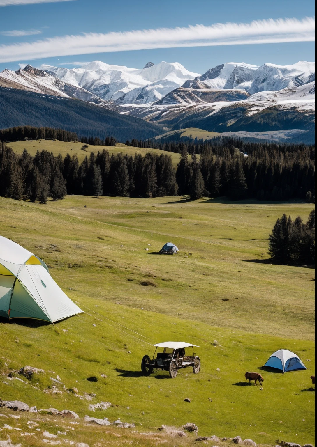 RAW photo of the landscape,Snowy mountains in the distance,Meadows and greenery,A buggy and tent,small detailed,realisticlying,Ultra-realistic photos,8K UHD,Digital SLR,softlighting,high high quality,filmgrain,Fujifilm XT3,(tmasterpiece)