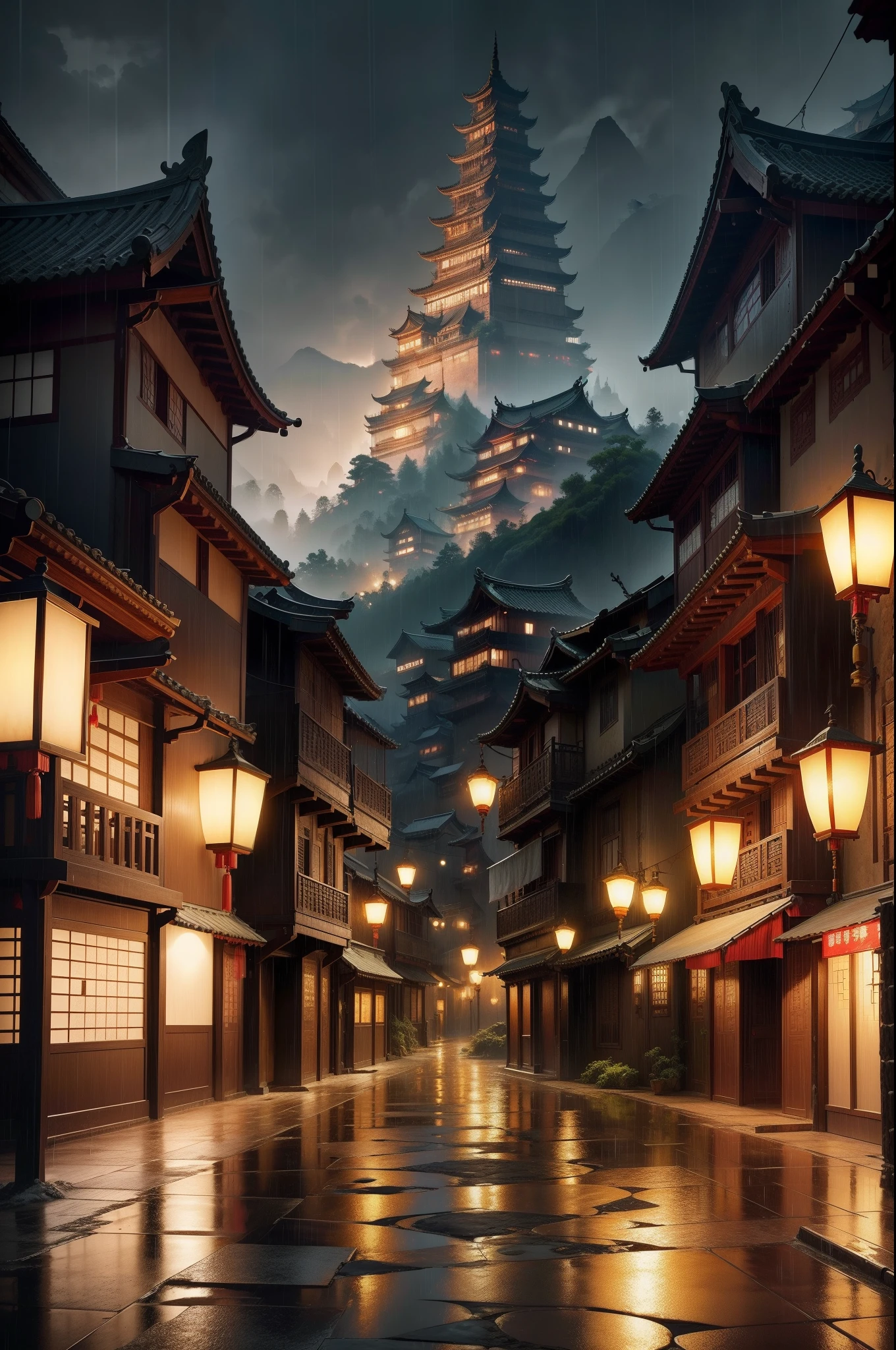 Arafed view of a village,a lot of lights on the buildings,dreamy Chinese towns,Chinese Village,amazing wallpapers,surreal photo of a small town,old asian village,Raymond Han,rainy evening, Cyberpunk ancient Chinese castle, Well-lit building, Beautiful and aesthetic, two point perspective,photography of, cinematic ligh, 8k, high detal ((very heavy rain)))