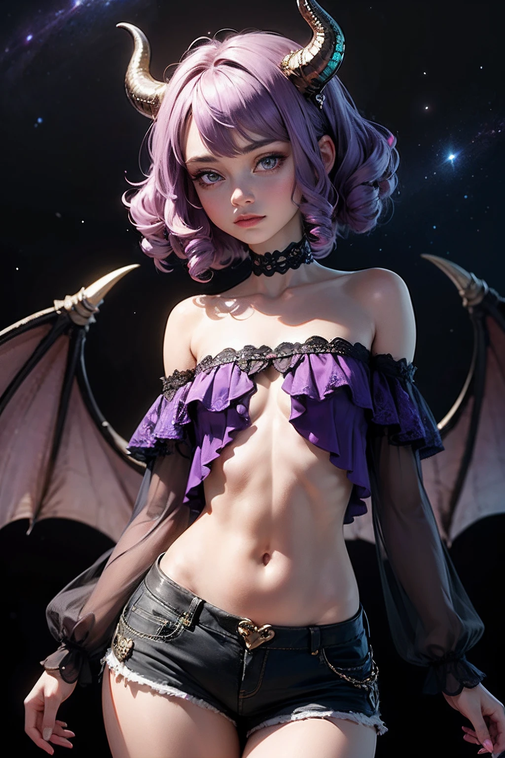 1 girl with mauve purple hair, featuring darker highlights and beautiful curls. She has dragon horns, turquoise eyes. She is adorned in an intricate galaxy outfit, showcasing a dark purple ensemble with an dark purple off-shoulder top, lace, shorts, flat chest, dragon scales, dragon wings