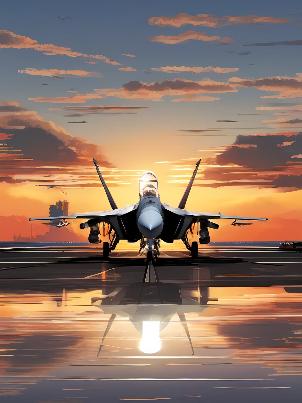 foreshortening technique, dynamic perspective, spatial depth, three-dimensional illusion, visual impact, artistic skill, engaging composition, movie「Top」Illustrations inspired by、Sea setting sun、Behind the F-14 fighter jet taking off、We're about to get started、F-14 fighters departing from an aircraft carrier、F-14 fighter with afterburner igniting、Rear view of the F-14 fighter、Empty mother、Big sunset、A very large sunset setting over the horizontal parallels、Background dyed by sunset、