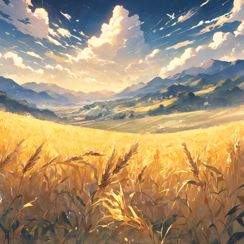 There are large fields of yellow wheat in the scene,The background is rolling mountains,Close-up,ginkgo leaf,amarelo,Faraway view,mont,Cloud fog,high definition detail、tmasterpiece、Simple、hand painted style、Best quality,Wallpapers