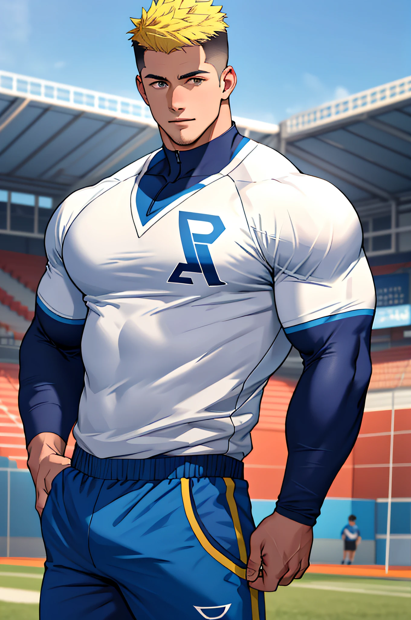 Draw a full-fledged athlete,Stand on the central field of the gym,He wears high-end sportswear,The man looks confident and determined,rays of sunshine,cheerful big breasts,Handsome,Crew cut,full bodyesbian,shooting from below,