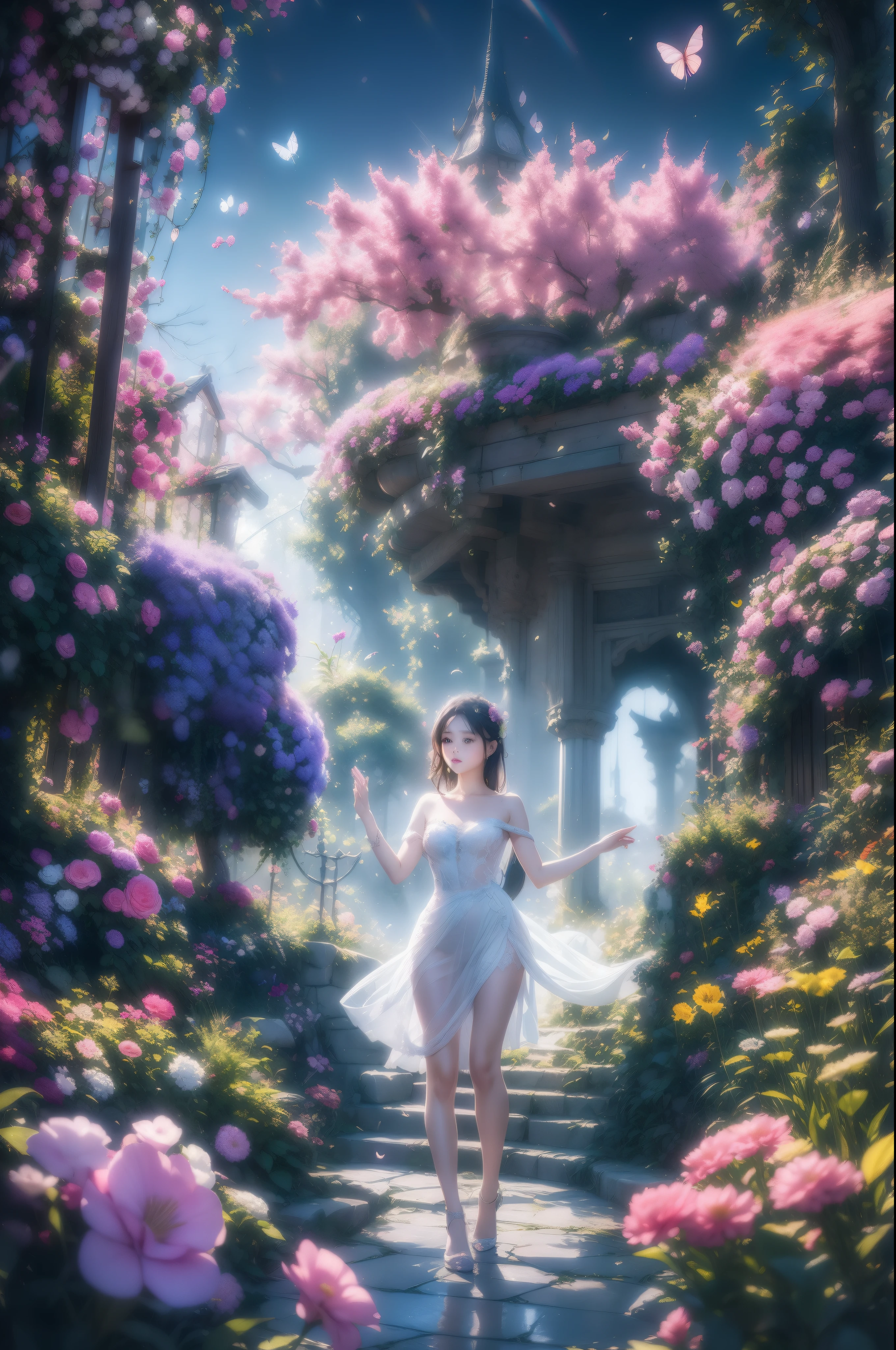 1girl, solo, full body, (masterpiece:1.21), (best quality:1.2), colorful, (illustration:1.2), (cinematic lighting:1.1), (bare shoulders:1.21), (collarbone:1.21) in this whimsical A beautiful and dreamlike garden, the scene is illuminated by a rainbow (colorful fireflies) dancing in the air. Pastel (drizzle) adorns the garden, creating a hazy and ethereal atmosphere. In the center of the picture, stands a single girl, an extremely beautiful girl, with lovely facial features and an innocent expression. Her long hair fluttered in the wind. She wore a low-cut strapless dress that accentuated her curves. The lighting is very delicate and beautiful, creating a soft warm glow that accentuates the water and makes it sparkle like a diamond. The finest grasses are also illuminated to create a lush carpet. The garden is surrounded by colorful flower fields with flowers of all colors and shapes. Various colors and sizes (coloured butterflies) can be seen flying around the scene, adding to the overall sense of wonder and magic. (Everyone, judges), a blush can be seen on the bridge of the nose, and the mouth is slightly opened, which adds to the overall sense of innocence and youth. Falling petals can be seen waving around her, adding to the overall sense of romance and beauty. The breeze is blowing, the leaves are rustling, and the flowers are swaying, adding to the overall dynamism and vitality. It is a scene of pure wonder and magic, full of color and beauty, where the viewer can lose themselves in this enchanting and captivating world.