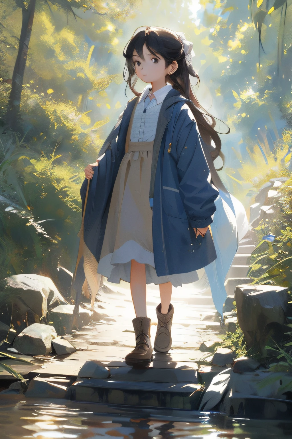 ，tmasterpiece，Best quality，
1 little girl，Walk on the gravel road by the stream，