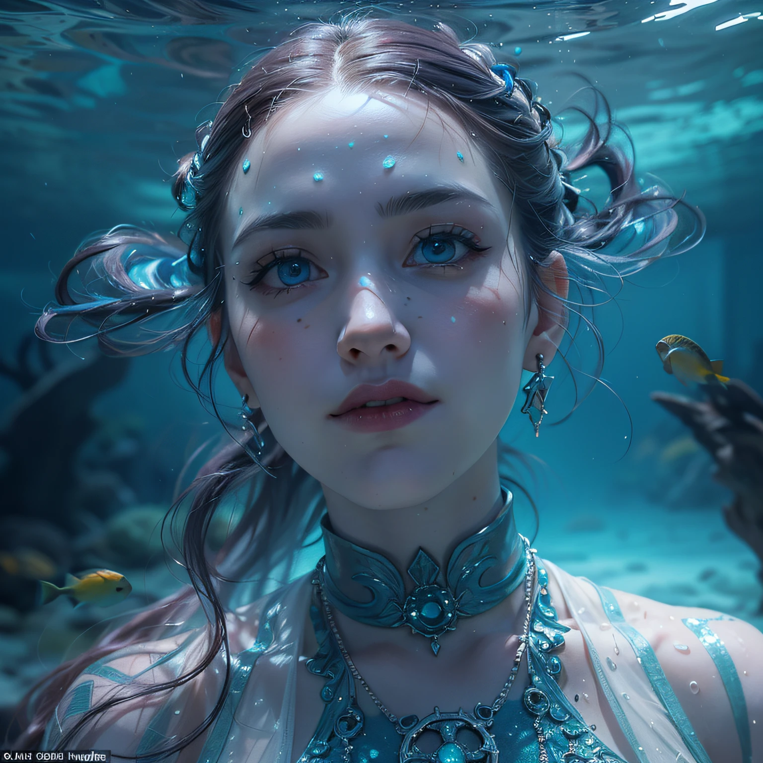 (Numerous award-winning masterpieces of, With incredible details, textures and maximum detail), (Ultra photo realsisim:1.4), (Realistic:1.3), (best quality real texture skin), (((In water))), (((abyssal))), (continental shelf), (shallow water), (Fine true circle Symmetrical eyes), finerly detailed face, ((medieval world)), (full-body portraits:1.5), (Full body view:1.5), (Burning bright and cold eyes), (She has a mischievous smile on her face), (Eyes that glow blue in the dark:1.5), (A pair of ice blue eyes,A strong blue light emits from the inside:1.5), (full-body standing image:1.5), (Bio-luminescence:1.5), (Whirlpool water and tidal currents in the background), (Dramaticlight), (A majestic sight), (Her countenance is gentle and beautiful), Glass earrings on the ears, (Dramatic photo:1.4), ((dramatic pose)), (flamboyant photo), (Golden hair), (Silver hair), (Maroon hair), ((head looking up)), ((Looking down)), (Around her neck is a simple necklace of exquisite workmanship), (Bio-luminescence,Brilliant light:1.3), (Use gorgeous icy magic:1.2), (Beautiful fish around), A temple submerged in a coral reef, The ancient submerged city, underwater temple, Underwater Grand Cathedral, Underwater temple ruins, Underwater independent temple, (Luminous magic circle:1.5), Ruins of an underwater ancient castle, Sparkle with water, the reef, epic realistic, Faded, art, (greg rutkovsky:0.8), (Teal and orange:0.4), (Art Station:1.5), Cinematic, ((com cores neutras)), (hdr:1.5), (pastel colour:1.2), ultra - detailed, Dramaticlight, (Intricate details:1.1), the complex background,