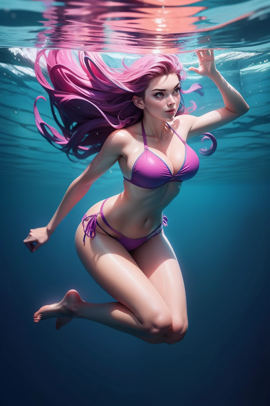 Very attractive woman in bikini swimming under water ,sharp focus, beautiful colors analogue film mode, ultra realistic, highly detailed, full body picture