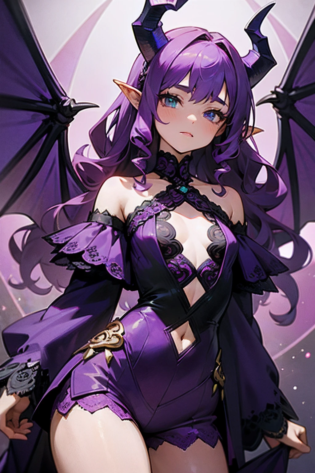 Elfa gato linda surreal, cabelos muito ruivos e detalhados, rosto detalhado, grandes chifres de demonio, gorda, corpo inteiro, grandes olhos, nariz longos e pontudos, colettetrixie, sharp teeth, hair over one eye, hairband, demon horns, colored sclera, purple shirt, purple shorts, demon wings, frieren, 1girl, long hair, pointy ears, twintails, jewelry, elf, earrings, capelet, white capelet, long sleeves, parted bangs, dress, belt, flower, pomni, gloves, puffy short sleeves, red eyes and blue eyes, striped, very big tits, very very big ass, pelada, nsfw, 8k