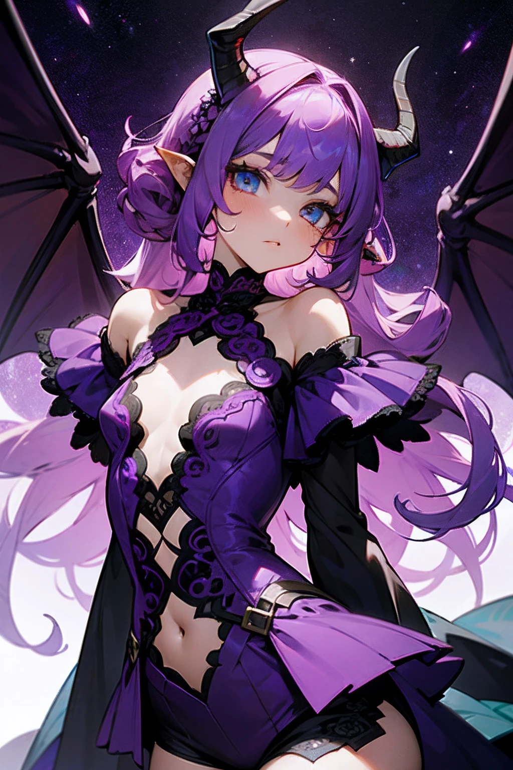 1 girl with mauve purple hair, featuring darker highlights and beautiful curls. She has dragon horns, turquoise eyes. She is adorned in an intricate galaxy outfit, showcasing a dark purple ensemble with an dark purple off-shoulder top, lace, shorts, flat chest, dragon scales, dragon wings
