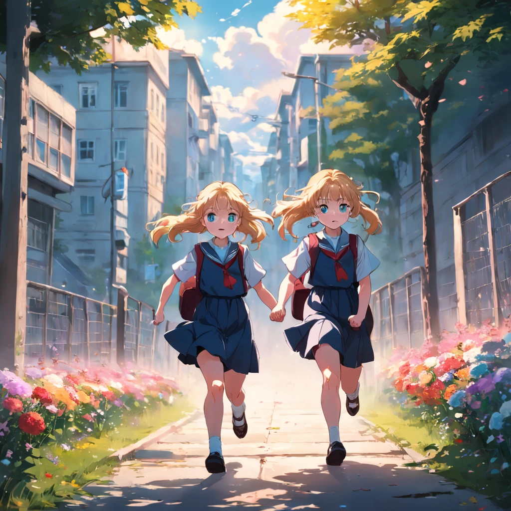 russian girls run to school with flowers in their hands