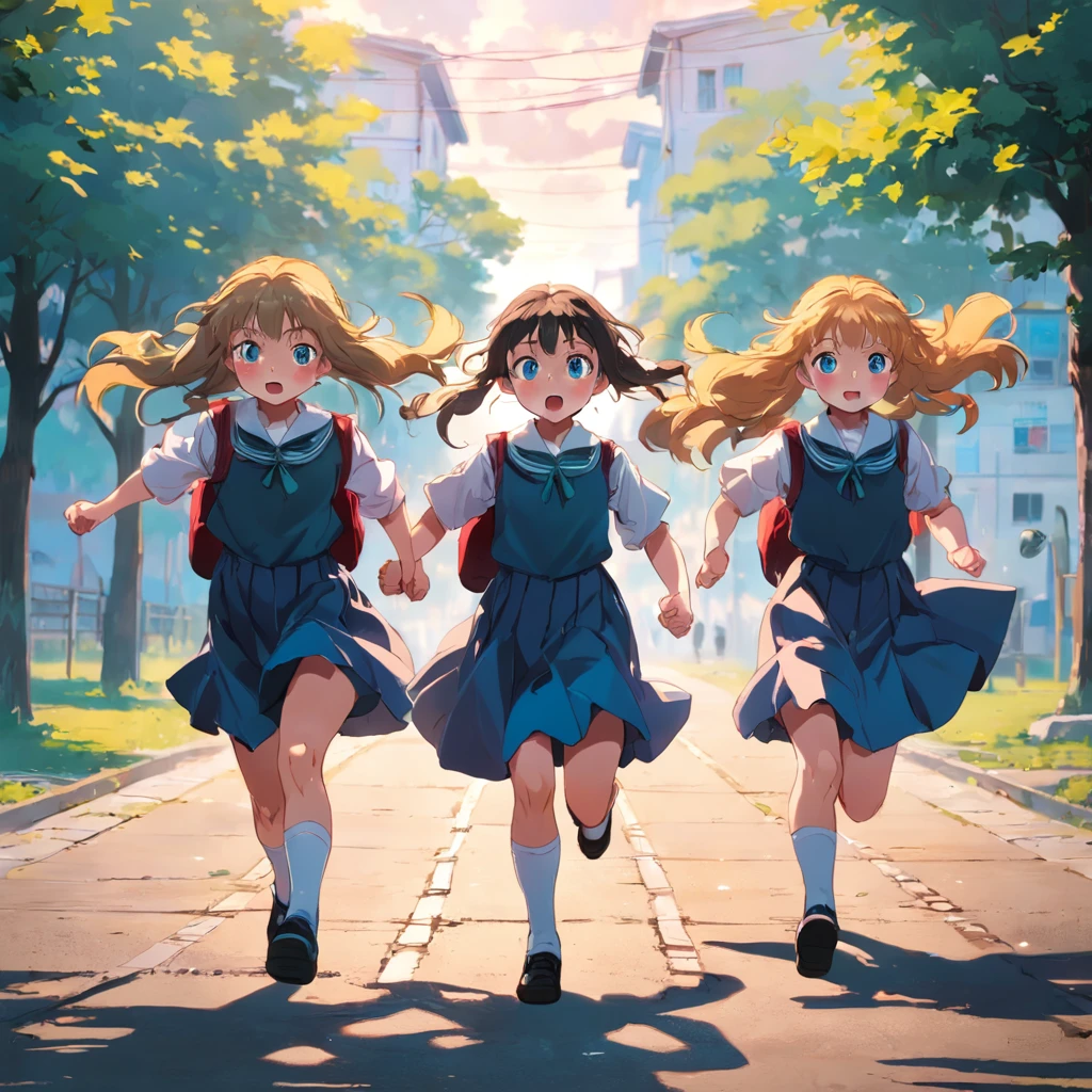 russian schoolgirls run to school with flowers in their hands