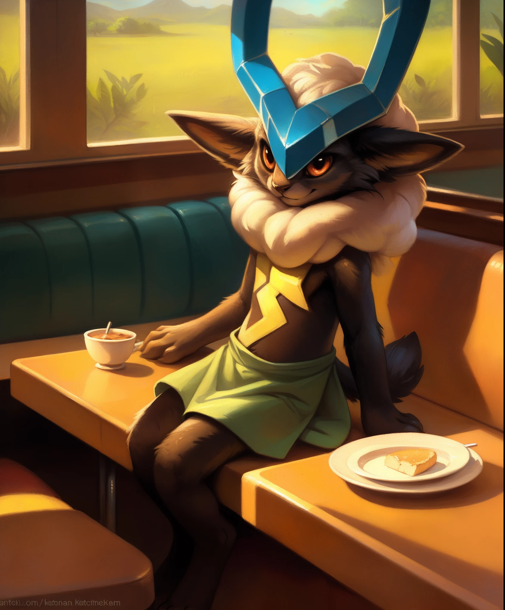 this image depicts a innki sitting in a diner, anthro, clothing, full-length portrait, looking at viewer, solo,
inside, detailed background, by kenket, by darkgem, by plattyneko,
extremely detailed, detailed shading, volumetric lighting, natural light, FujiFilm XT3