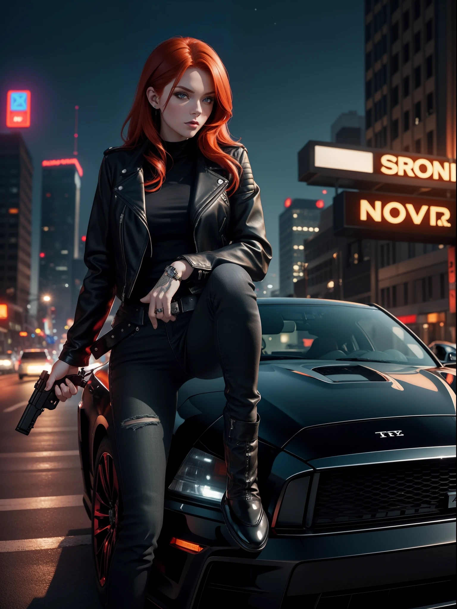 "A redhead woman sitting on the hood of a GTR, gripping a gun, donning a sleek black leather jacket and black jeans. Captured with the Sony Alpha A7 III in stunning 8K UHD, resulting in photorealistic visuals. The scene is set in a vibrant city illuminated by dazzling night lights, enhancing the professional and rich colors."