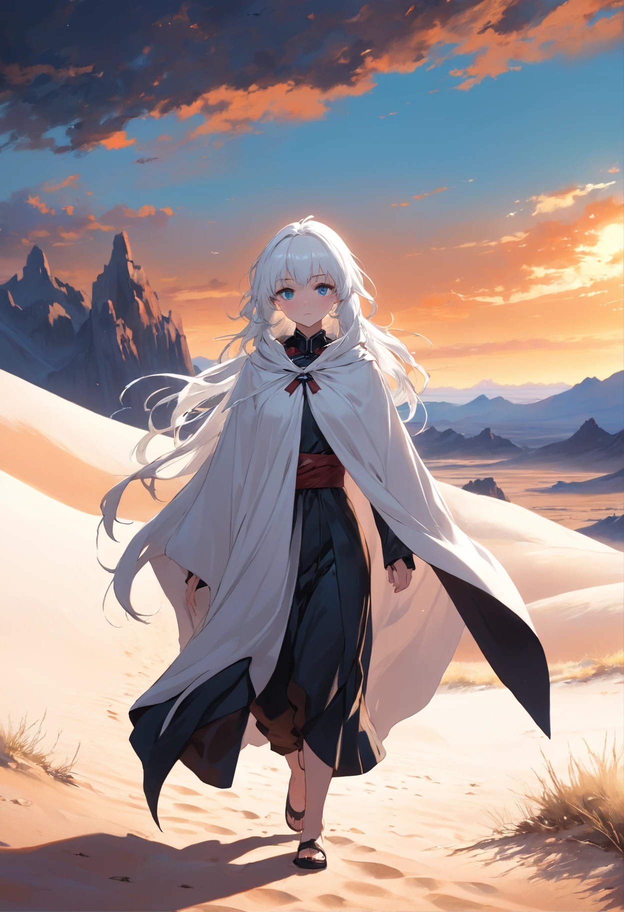 White-haired girl in black cape walking in white desert