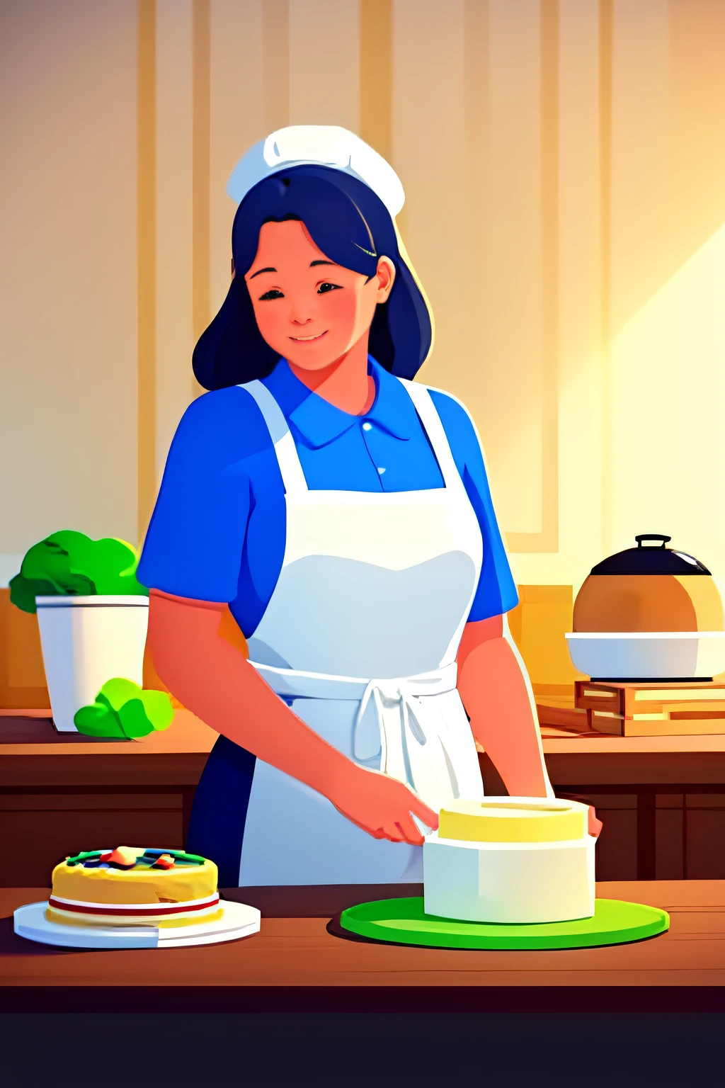 Cake room，A girl looks at the cake，Thinking，Wear an apron，A chef's hat is worn on his head，square table，There was a round cake on the table，Baking tools，the soft light，Clear detail，perfect compositions，4k高清，Illustration masterpiece