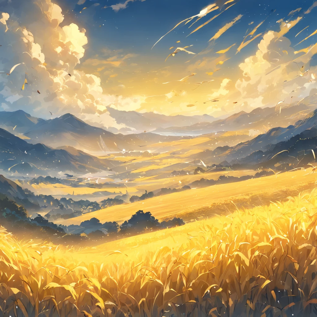 There is yellow wheat in the foreground,The background is rolling mountains,Close-up,ginkgo leaf,amarelo,Faraway view,mont,Cloud fog,high definition detail、tmasterpiece、Simple、hand painted style、Best quality,Wallpapers