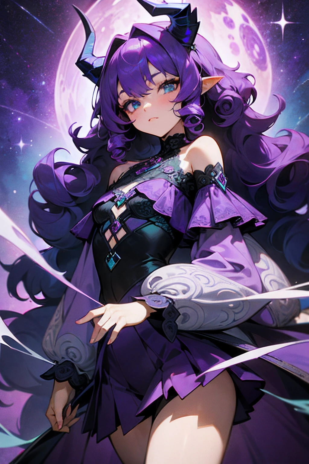 "1 girl with mauve purple hair, featuring darker highlights and beautiful curls. She has dragon horns and eyes that are a mesmerizing blend of blue and turquoise colors. She is adorned in an intricate galaxy outfit, showcasing a dark purple ensemble with purple skirt and an off-shoulder top, white lace, flat chest
