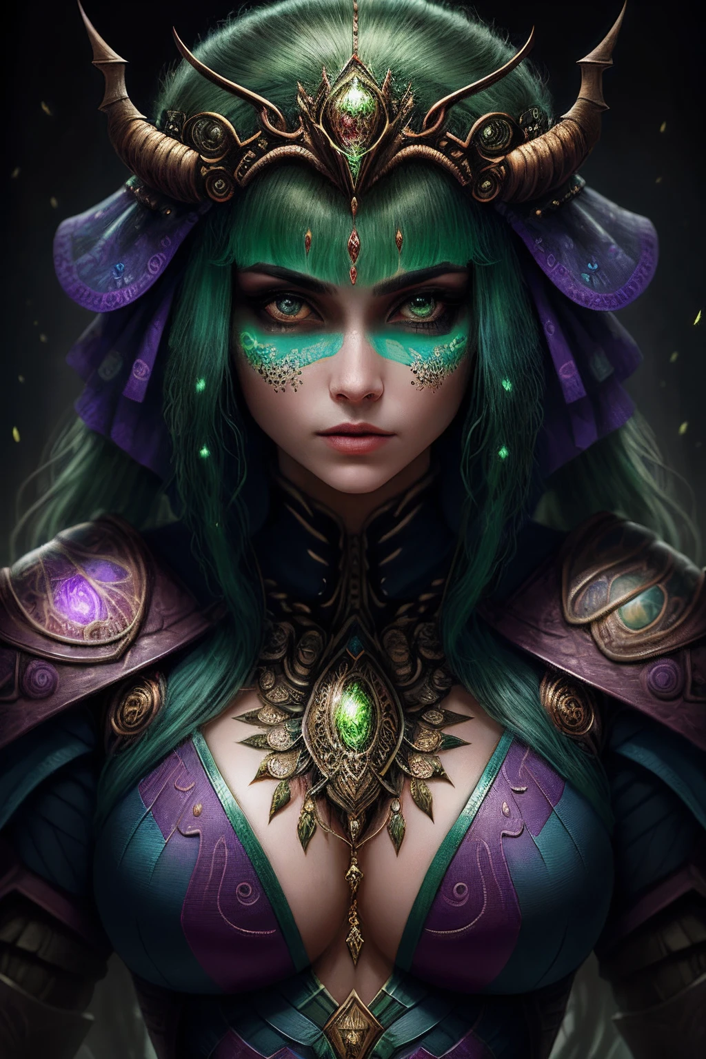 （（best qualtiy））， （Realistis））， Queen of the Zerg， The upper part of the body， Hair is made up of numerous insects， green-eyed， Female face， Metal underwear， trending on artstration， Clear focus， studio photoshoot， complexdetails， highly  detailed， Detailed eyes， illustratio， highly  detailed， Sharp focus， a digital rendering， professinal， 4k