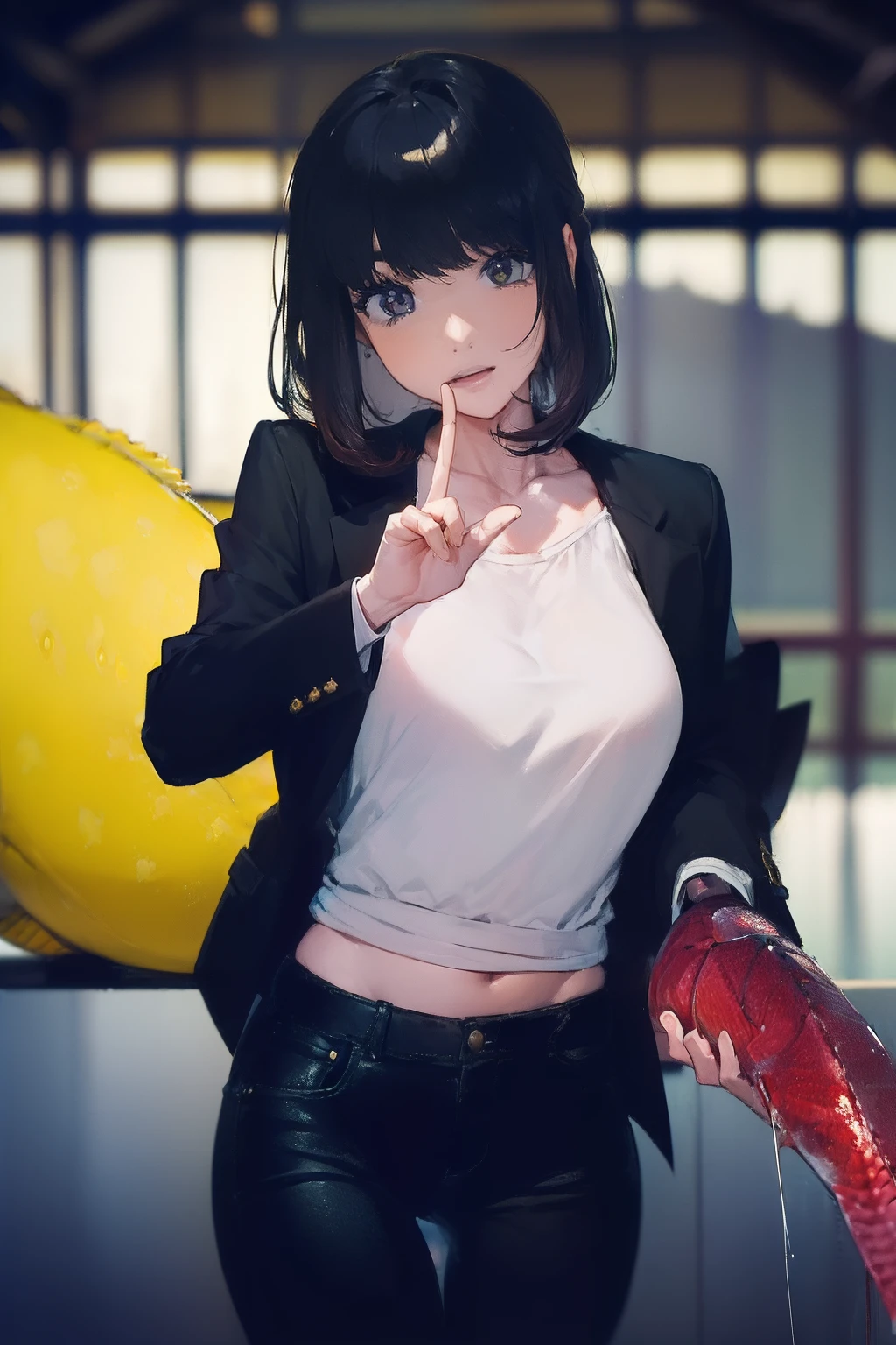 ((((catching a big fish by the lakeside:1.5)))),((Female 28 years old)),((Best Quality:1.5)),(((Hands with the correct number and structure of fingers:1.4))),((Big fish:1.37)),hight resolution,ultra-detailliert,masterpiece,best qualtiy,(Eight-headed body),Black hair, long eyes-lashes, Solid Circle Eyes, drop shadow, Atmospheric perspective,Super Detail, ccurate, small brest,(Black jacket and black jeans :1.1),top-quality, blurry backround, bokeh dof:1.2, (masterpiece:1.3), Atmospheric perspective,Super Detail,dynamic compositions,