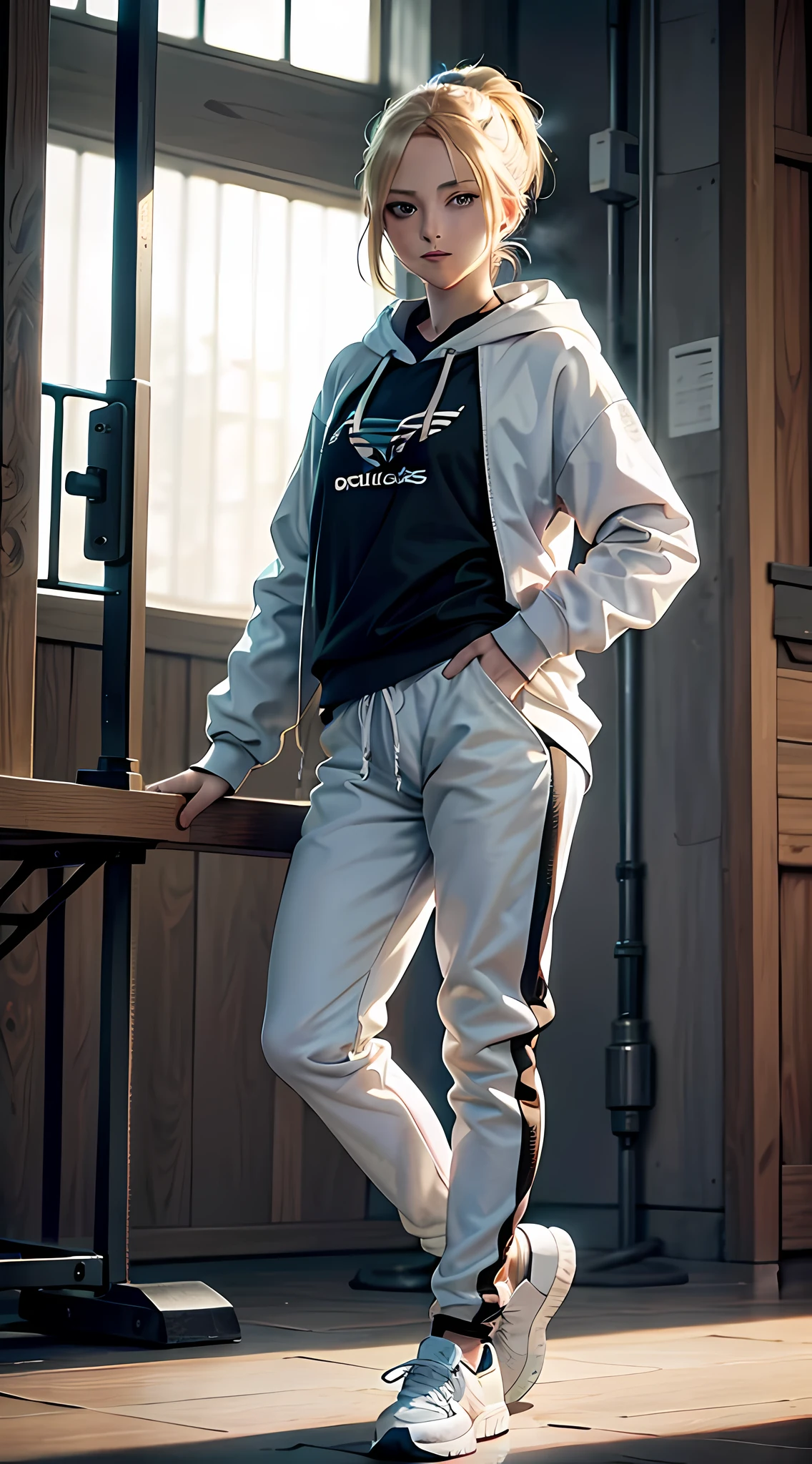historia from the anime Shingeki no Kyojin, shoulder length hair, blonde hair, ponytail, beautiful woman, beautiful, perfect body, perfect breasts, wearing a white Adidas hoodie, black jogger pants, wearing white Nike Jordan shoes, in the gym, barbell, looking at audience , small smile, realism, masterpiece, textured skin, super detail, high detail, high quality, best quality, 1080p, 16k
