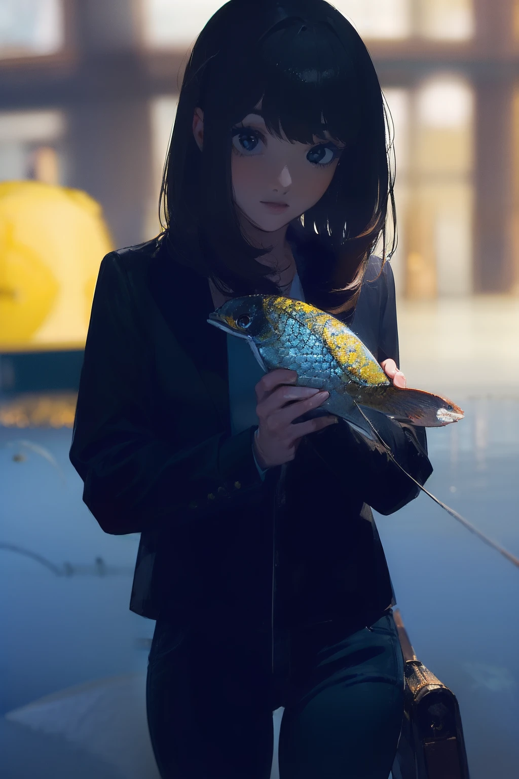((((catching a big fish by the lakeside:1.5)))),((Female 28 years old)),((Best Quality:1.5)),(((Hands with the correct number and structure of fingers:1.4))),((Big fish:1.37)),hight resolution,ultra-detailliert,masterpiece,best qualtiy,(Eight-headed body),Black hair, long eyes-lashes, Solid Circle Eyes, drop shadow, Atmospheric perspective,Super Detail, ccurate, small brest,(Black jacket and black jeans :1.1),top-quality, blurry backround, bokeh dof:1.2, (masterpiece:1.3), Atmospheric perspective,Super Detail,dynamic compositions,