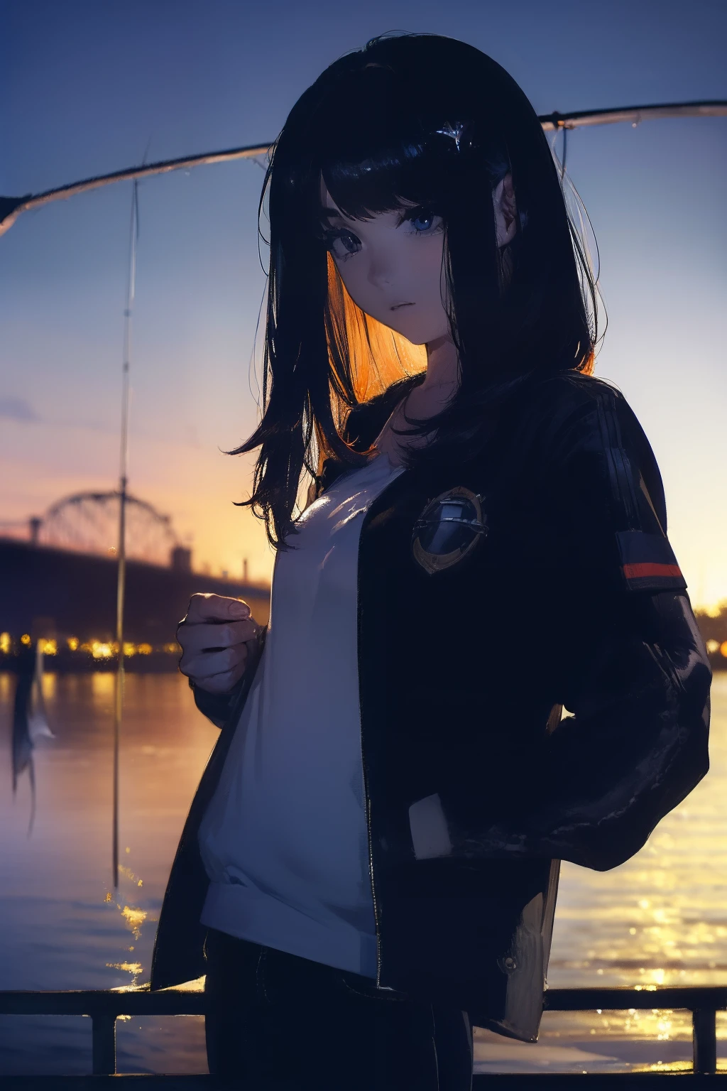 ((((catching a big fish by the lakeside:1.5)))),((Female 28 years old)),((Best Quality:1.5)),(((Hands with the correct number and structure of fingers:1.4))),((Big fish:1.37)),hight resolution,ultra-detailliert,masterpiece,best qualtiy,(Eight-headed body),Black hair, long eyes-lashes, Solid Circle Eyes, drop shadow, Atmospheric perspective,Super Detail, ccurate, small brest,(Black jacket and black jeans :1.1),top-quality, blurry backround, bokeh dof:1.2, (masterpiece:1.3), Atmospheric perspective,Super Detail,dynamic compositions,