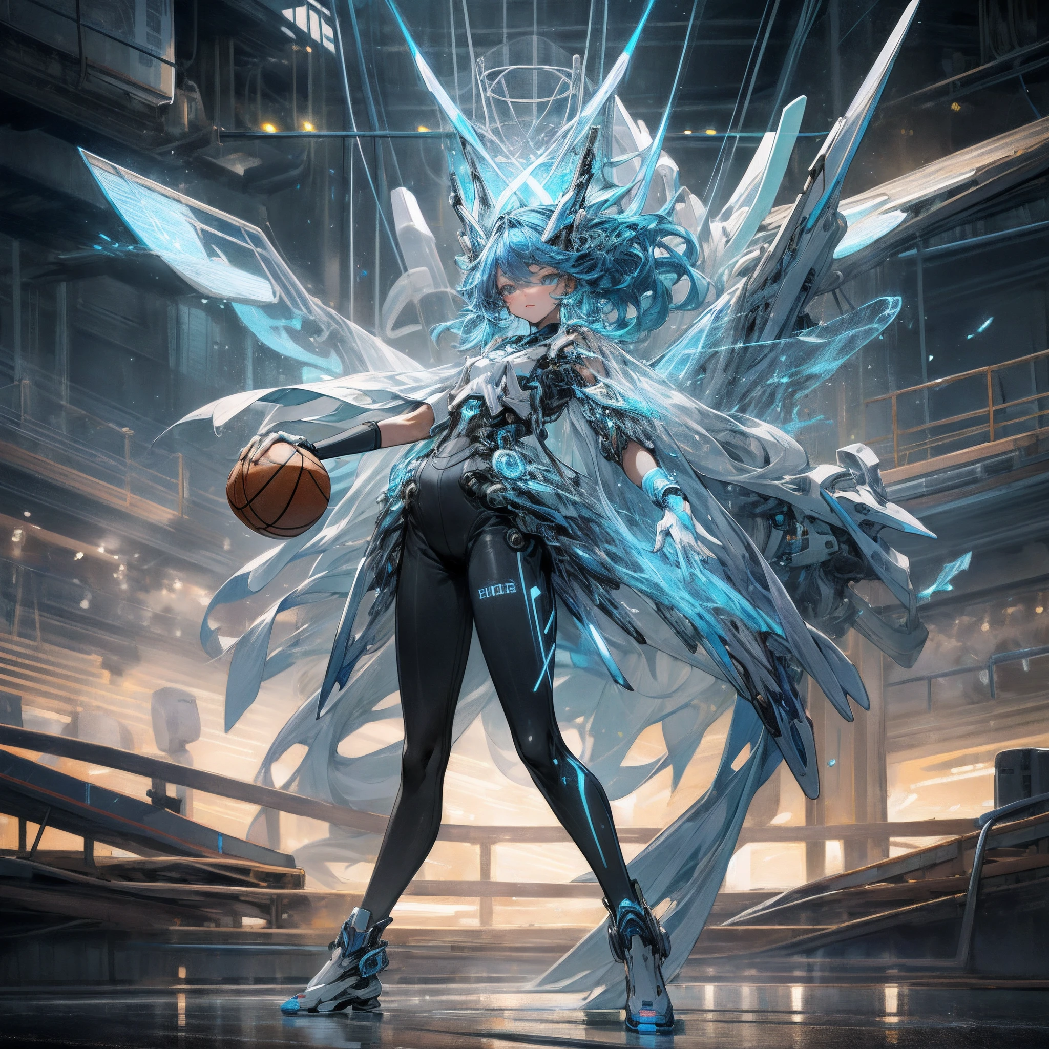 (masterpiece, highest quality: 1.3), (16k, high resolution: 1.3), beautiful teen girl, mechanical body, transparent skin, cinematic light, bioluminescence, very cute and beautiful korean woman Idol, full body, staring at the viewer, dignified eyes full of determination, dynamic pose, (play basketball:1.2), slam dunk