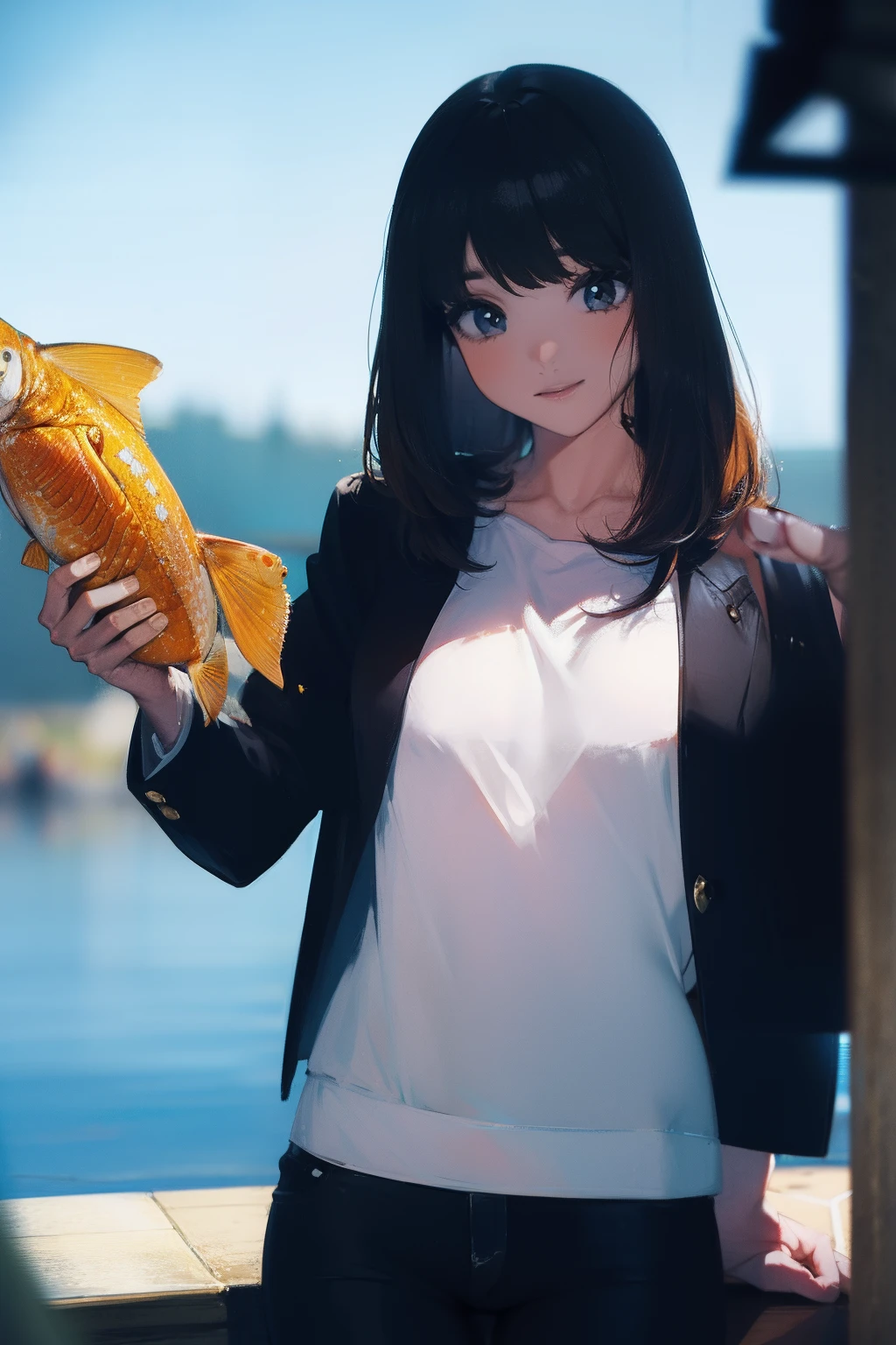 ((((Catch big fish by the lake)))),((Best Quality, masutepiece :1.5)),((( Large Mouth Bass:1.2))),(((Hands of the correct structure:1.4)))hight resolution,ultra-detailliert,​masterpiece,best qualtiy,(1 Female Older Japan 22),Black hair, long eyeslashes, Solid Circle Eyes, deadpan, drop shadow, Atmospheric perspective,Super Detail, ccurate, small brest,(Black jacket :1.1),top-quality, blurry backround, bokeh dof:1.2, (​masterpiece:1.3),  Atmospheric perspective,Super Detail,dynamic compositions