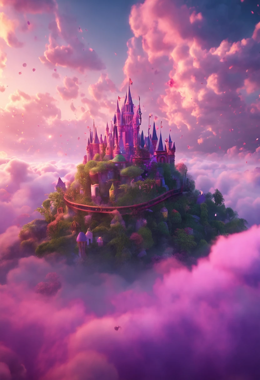 Castle above the clouds, Multicolor Catton Candy Cloud, In a fairyland, Dreamy Romantic, dreamy atmosphere and drama, very magical and dreamy, dreamy scene, Light purple, On the cloud, The sky is light purple, Heaven, in white clouds fairyland, Fantastic dreamy atmosphere, dreamy and ethereal, still from a music video
