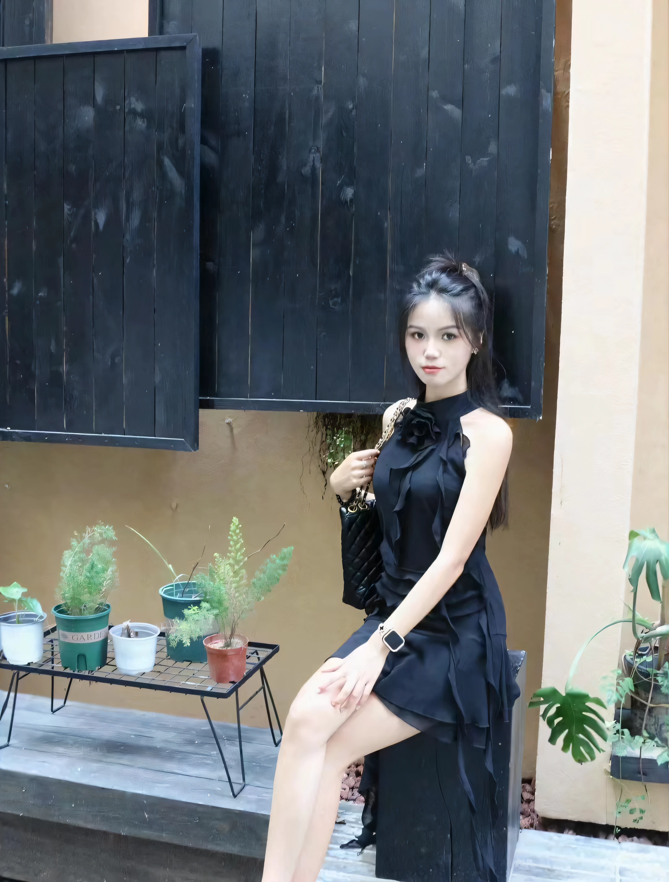 there is a woman sitting on a bench in a black dress, she wears a black dress, Black dress, wearing a black dress, 🤬 🤮 💕 🎀, full black dress, With black, dark black dress, Wearing a black dress, photoshoot, lovely black dress, Handsome girl, Long dress, very low quality, personal profile picture, Outfit in black