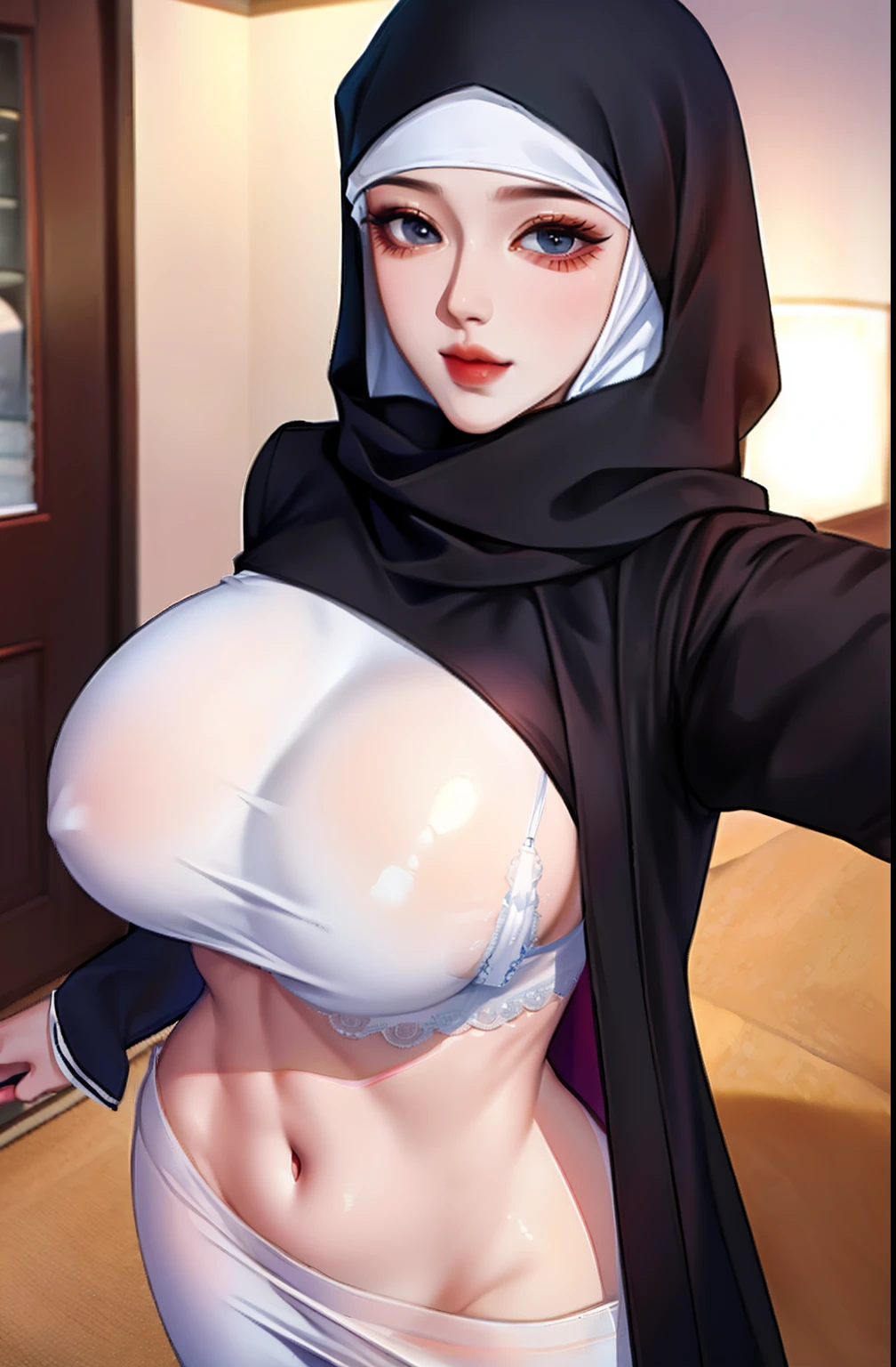 1girl, korean hijab girl ,super happy very detailed face,sexy,he tall,super big breast,(P cup),sexy hijab girl pose photos, hijab sexy,tight hijab t-shirt outfit,and tight white mini pants hijab outfit,(( no panties and bra)),full body hot,in home,long black wet hijab,selfie in hone,showing breast pose selfie