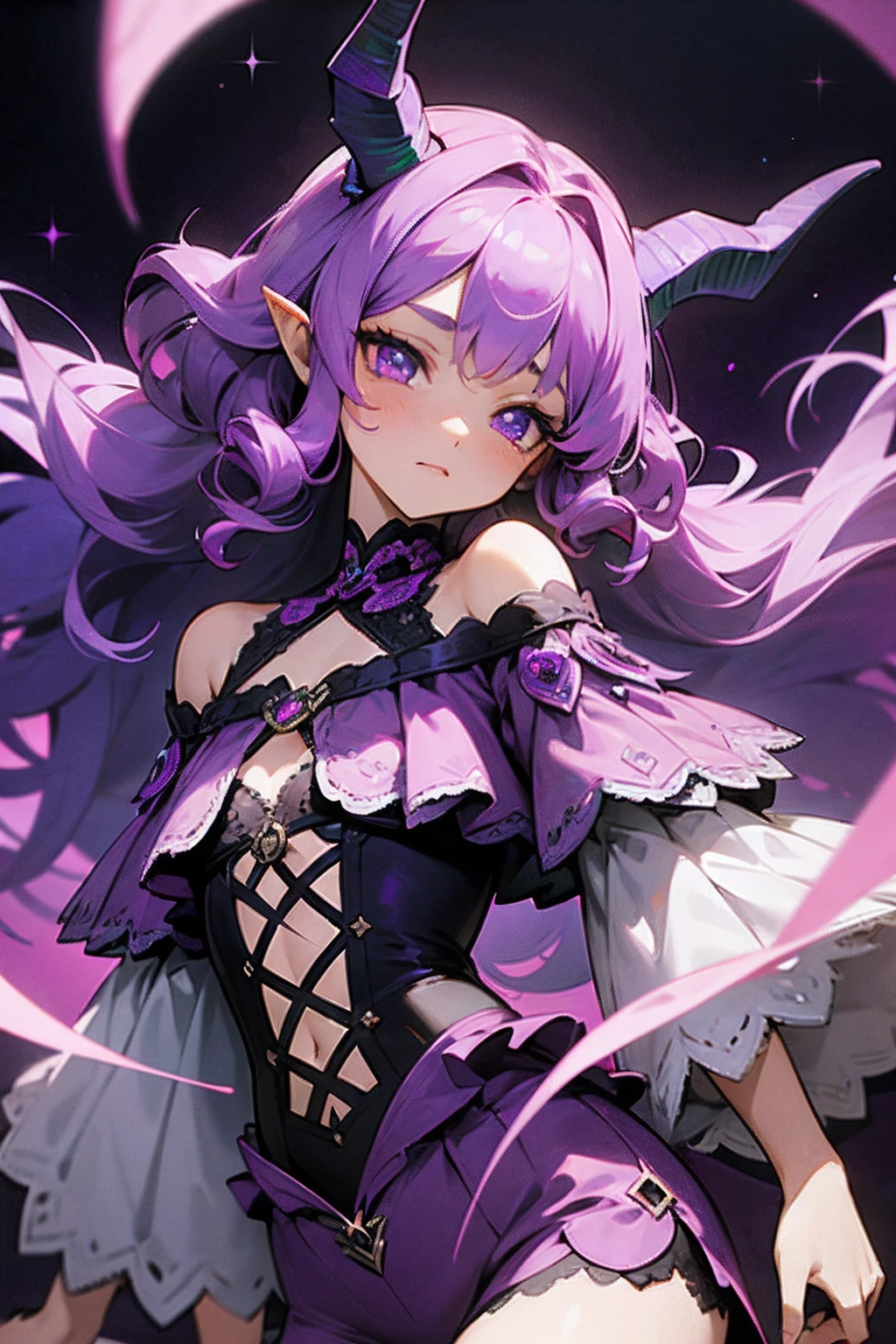 "1 girl with mauve purple hair, featuring darker highlights and beautiful curls. She has dragon horns and eyes that are a mesmerizing blend of blue and pink colors. She is adorned in an intricate galaxy outfit, showcasing a dark purple ensemble with purple shorts dangerie and an off-shoulder top, white lace, flat chest