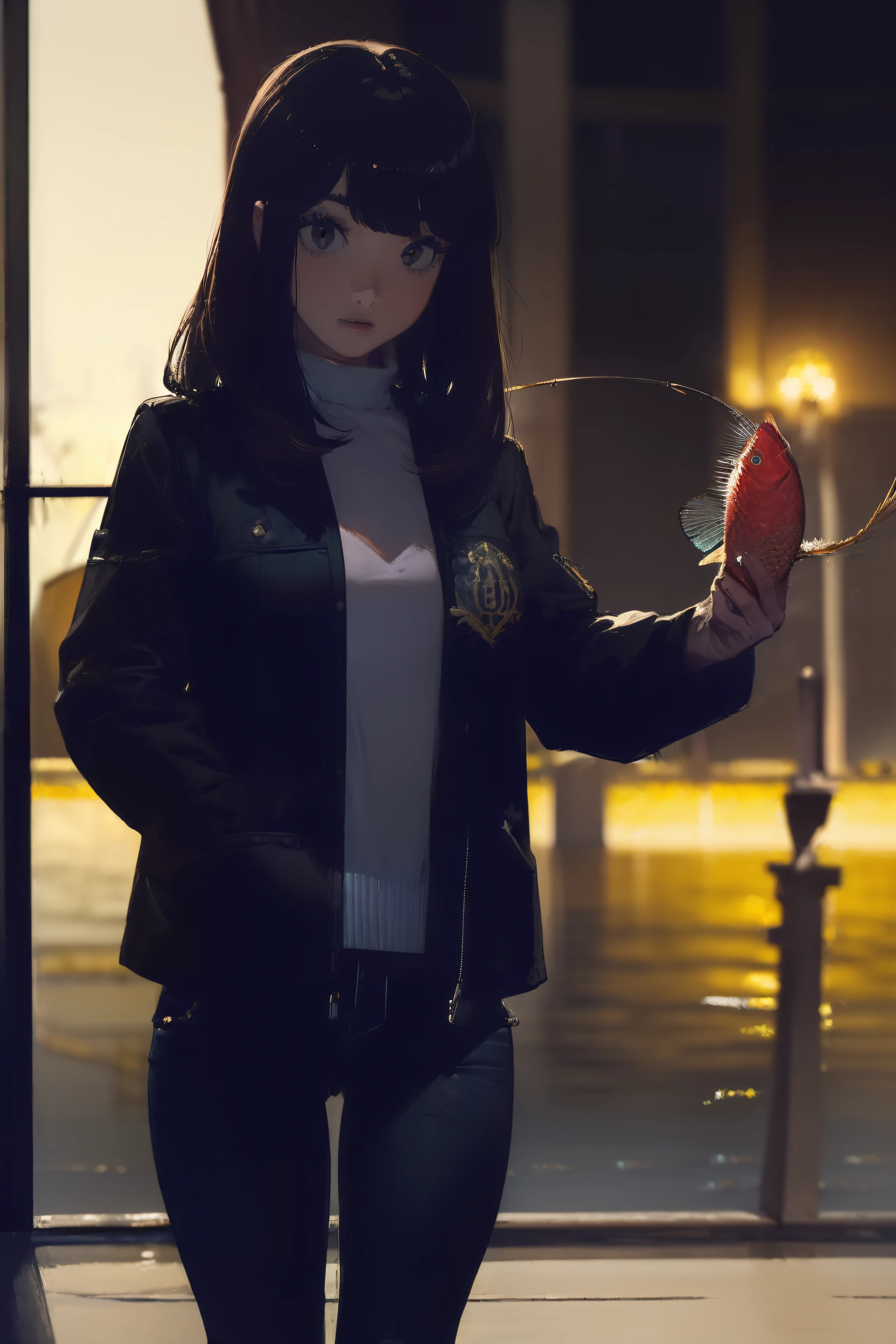 ((((catching a big fish by the lakeside:1.5)))),((Female 28 years old)),((Best Quality:1.5)),(((Hands with the correct number and structure of fingers:1.4))),((Big fish:1.37)),hight resolution,ultra-detailliert,masterpiece,best qualtiy,(Eight-headed body),Black hair, long eyes-lashes, Solid Circle Eyes, drop shadow, Atmospheric perspective,Super Detail, ccurate, small brest,(Black jacket and black jeans :1.1),top-quality, blurry backround, bokeh dof:1.2, (masterpiece:1.3), Atmospheric perspective,Super Detail,dynamic compositions,