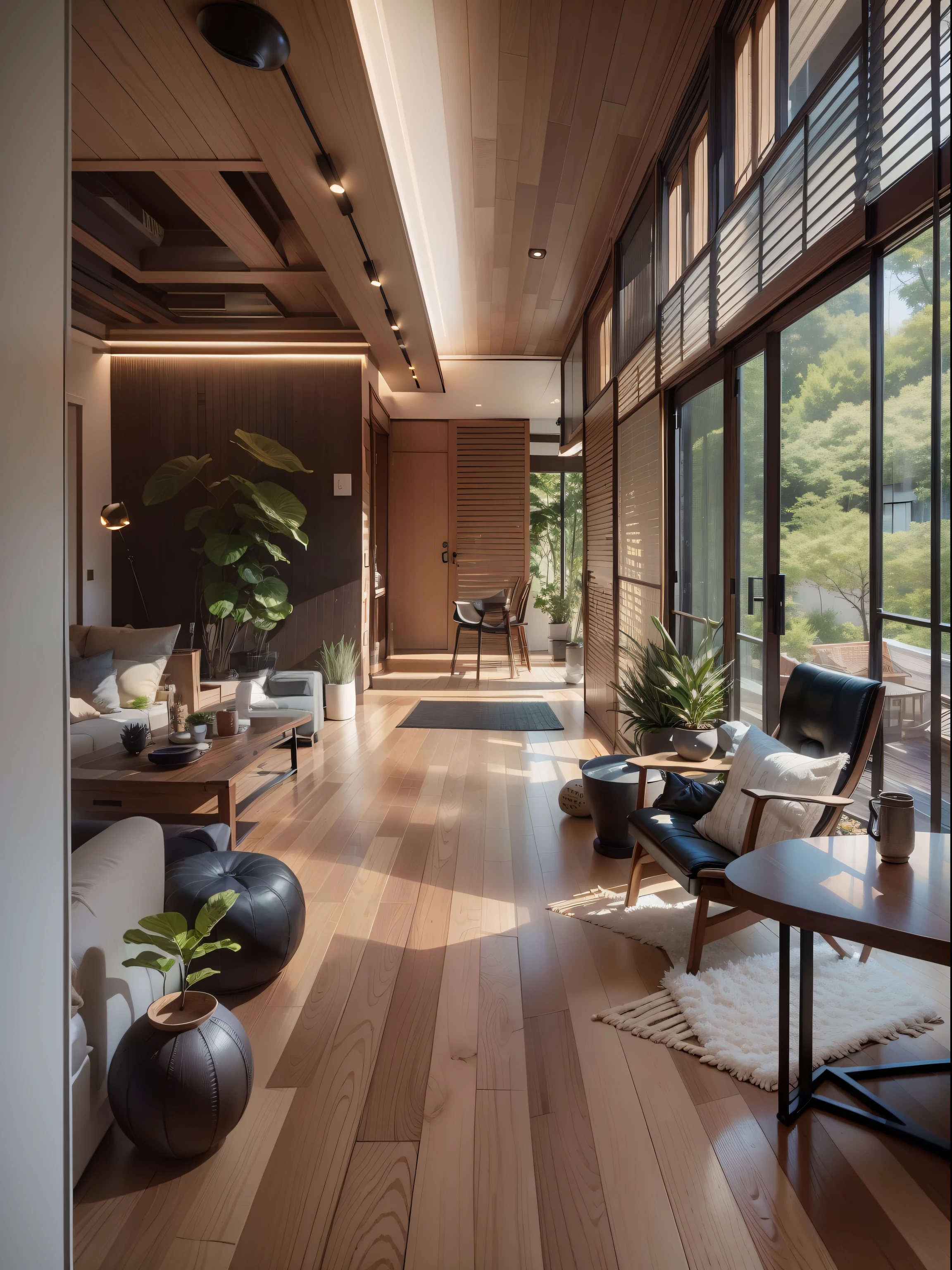 Interior design、Crazy detailed wide-angle building photos、cozy contemporary living room、(Bright warm sunshine 1:0.1)、award-winning contemporary interior design、Landscapes、DL、a chair、in a house、wooden floor、 Black aluminum windows、dining room、east asian east asian architecture、Sliding paper doors、lamp lights、buliding、the woods、naturey、Cups、A plant、Interior design、Insert lights and shadows、depth of fields、low illuminance