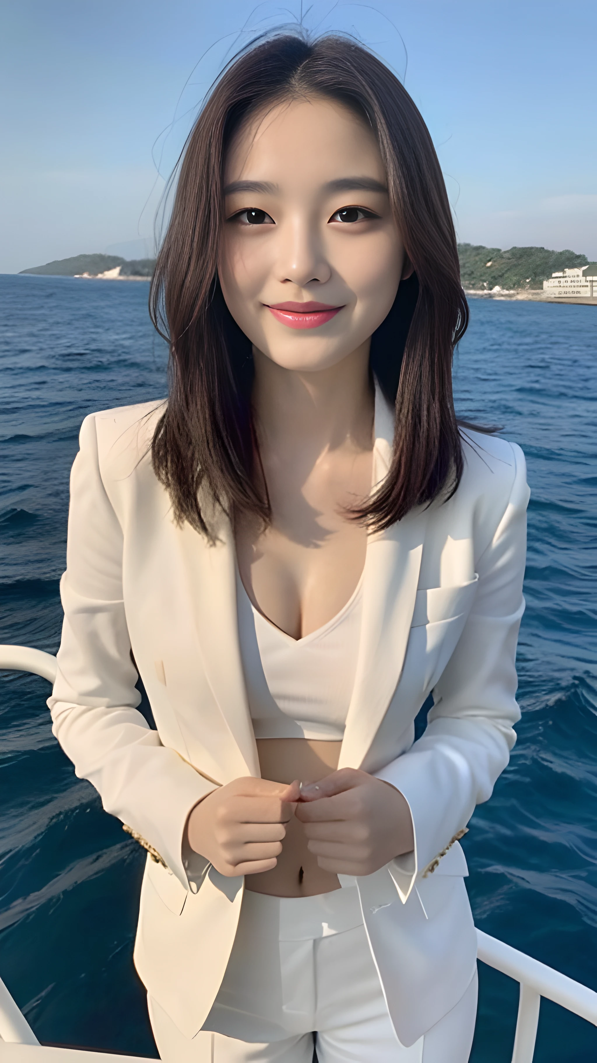 ((Best Quality, 8K, Masterpiece: 1.3)), , Focus: 1.2, Perfect Body Beauty: 1.4, Buttocks: 1.2, (Layered Haircut: 1.2)), (Dark Street: 1.3), Highly Detailed Face and Skin Texture, Full Body, Fine Eyes, Double Eyelids, Whitened Skin, Long Hair, (Round Face: 1.5), (White Suit Style: 1.6). Smile Standing on yacht in the sea looking at the sea