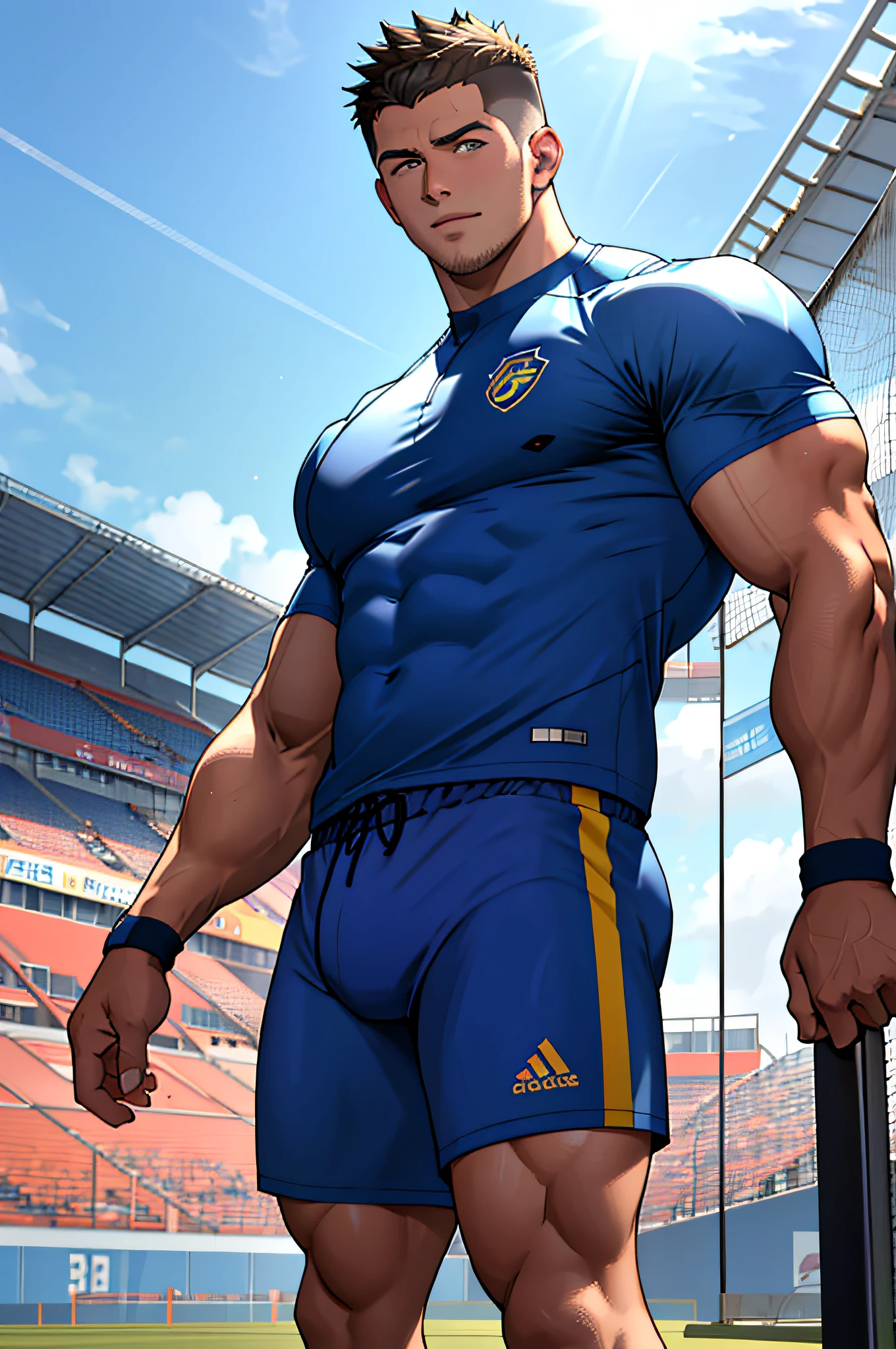 Draw a full-fledged athlete，Stand on the central field of the gym，He wears high-end sportswear，The man looks confident and determined，rays of sunshine，cheerful big breasts，Handsome，Crew cut，full bodyesbian，shooting from below，