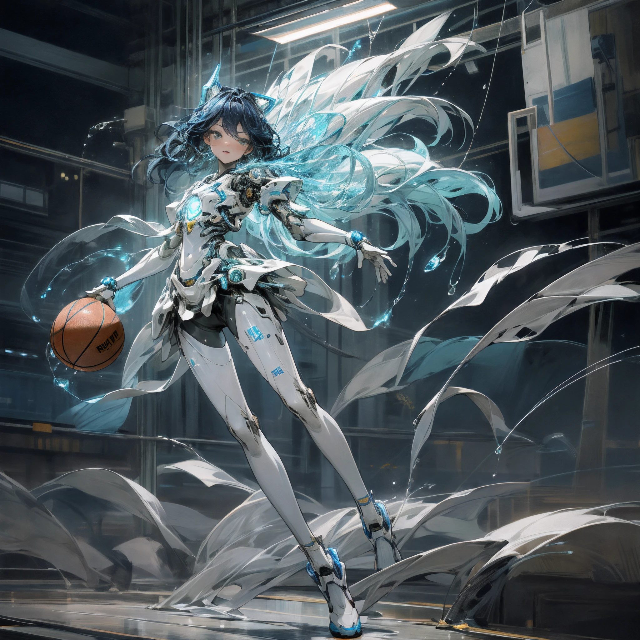 (masterpiece, highest quality: 1.3), (16k, high resolution: 1.3), beautiful teen girl, mechanical body, transparent skin, cinematic light, bioluminescence, very cute and beautiful korean woman Idol, full body, staring at the viewer, dignified eyes full of determination, dynamic pose, (play basketball:1.2), dribble, pass, slam dunk